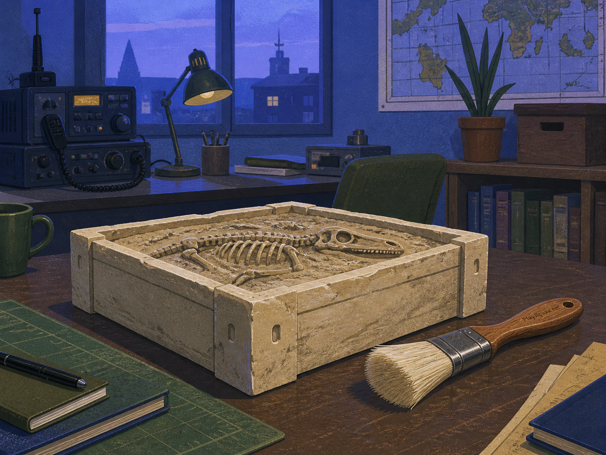 Fossil Crate being shaped beside soft conservation brush in a compact communications office, with layered scenery and cool blue-hour light.