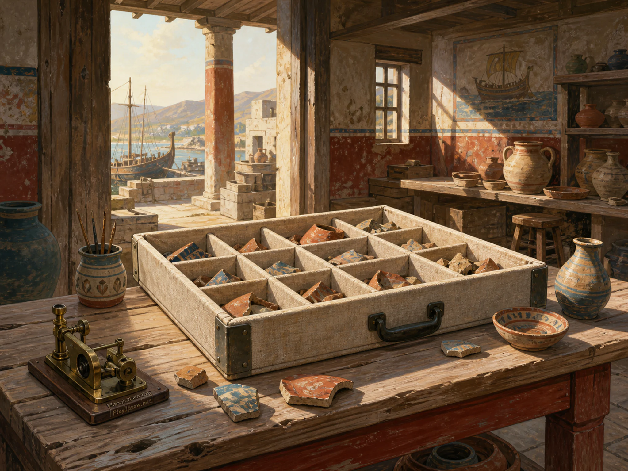 Pottery Sorting Table organized along linen archive box in a reconstructed trade workshop, with layered scenery and warm late-day sunlight.