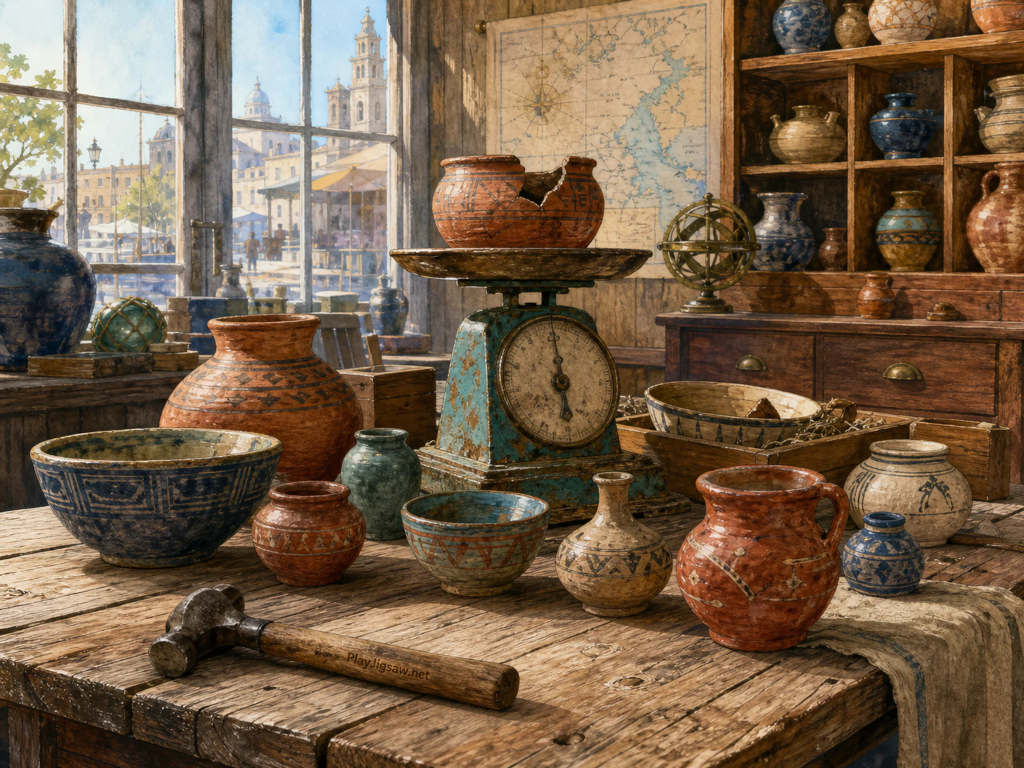 Pottery Sorting Table displayed around weathered market scale in a wood-paneled chart room, with layered scenery and clear early morning light.