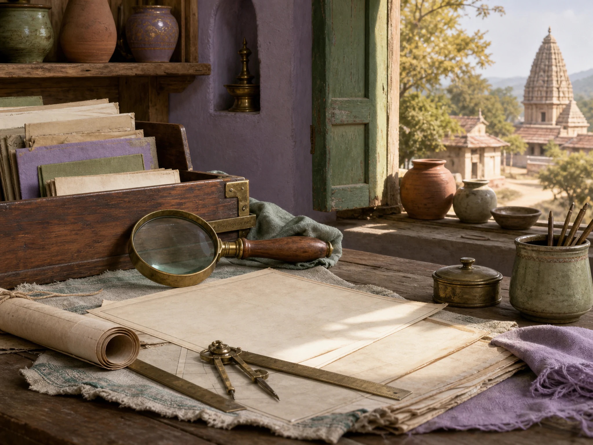 temple survey kit displayed naturally beside a brass magnifier in a village archive table with maps showing no readable text, with familiar objects and golden kitchen-window light.