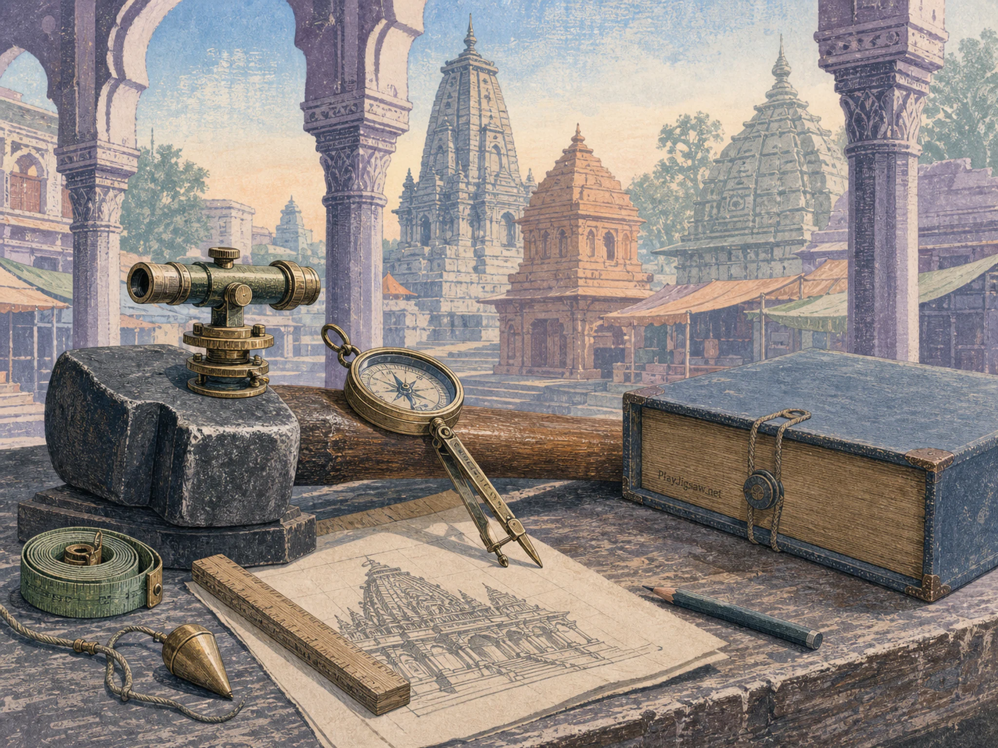 Temple Survey Kit spread across heavy forging hammer in a covered heritage market, with layered scenery and clear early morning light.