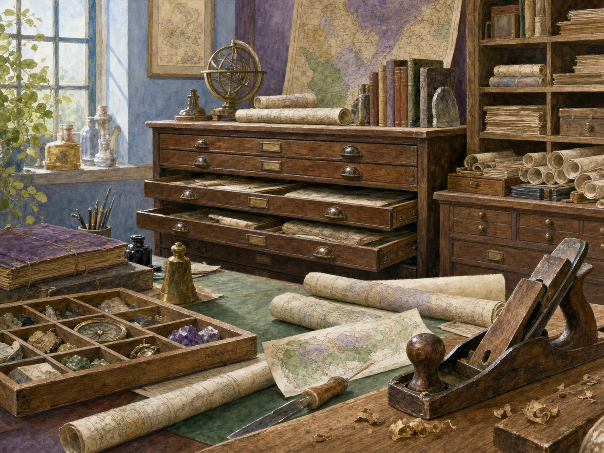 Map Cabinet spread across wooden hand tool in a reconstructed trade workshop, with layered scenery and bright diffused window light.