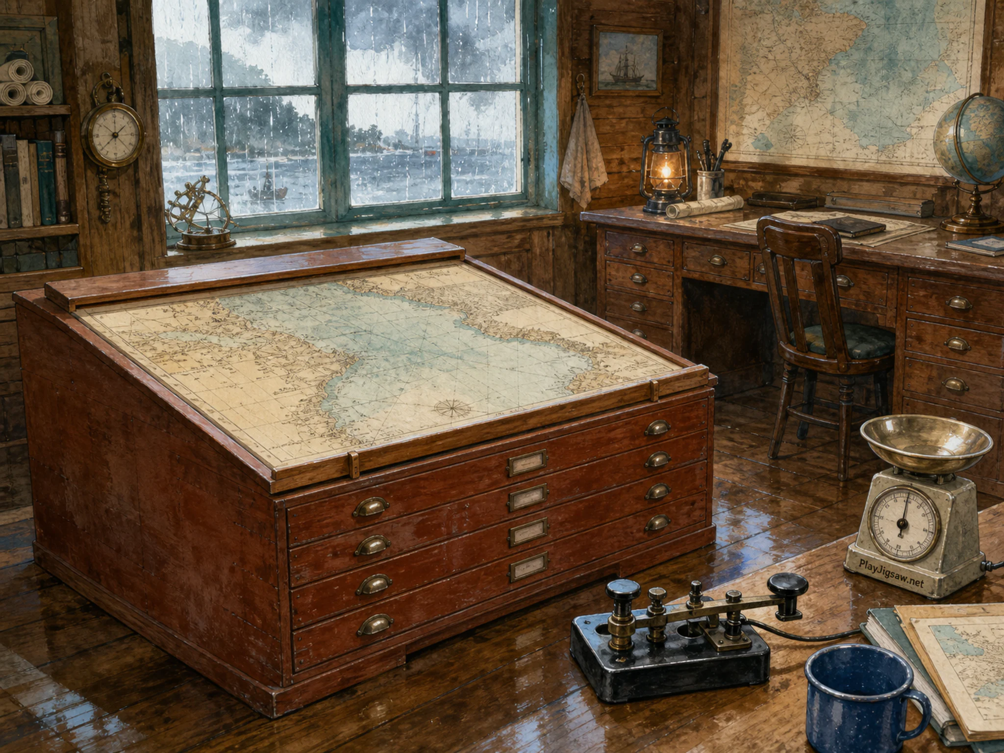 Map Cabinet cooling beside black telegraph key in a wood-paneled chart room, with layered scenery and gentle rain with crisp reflections.