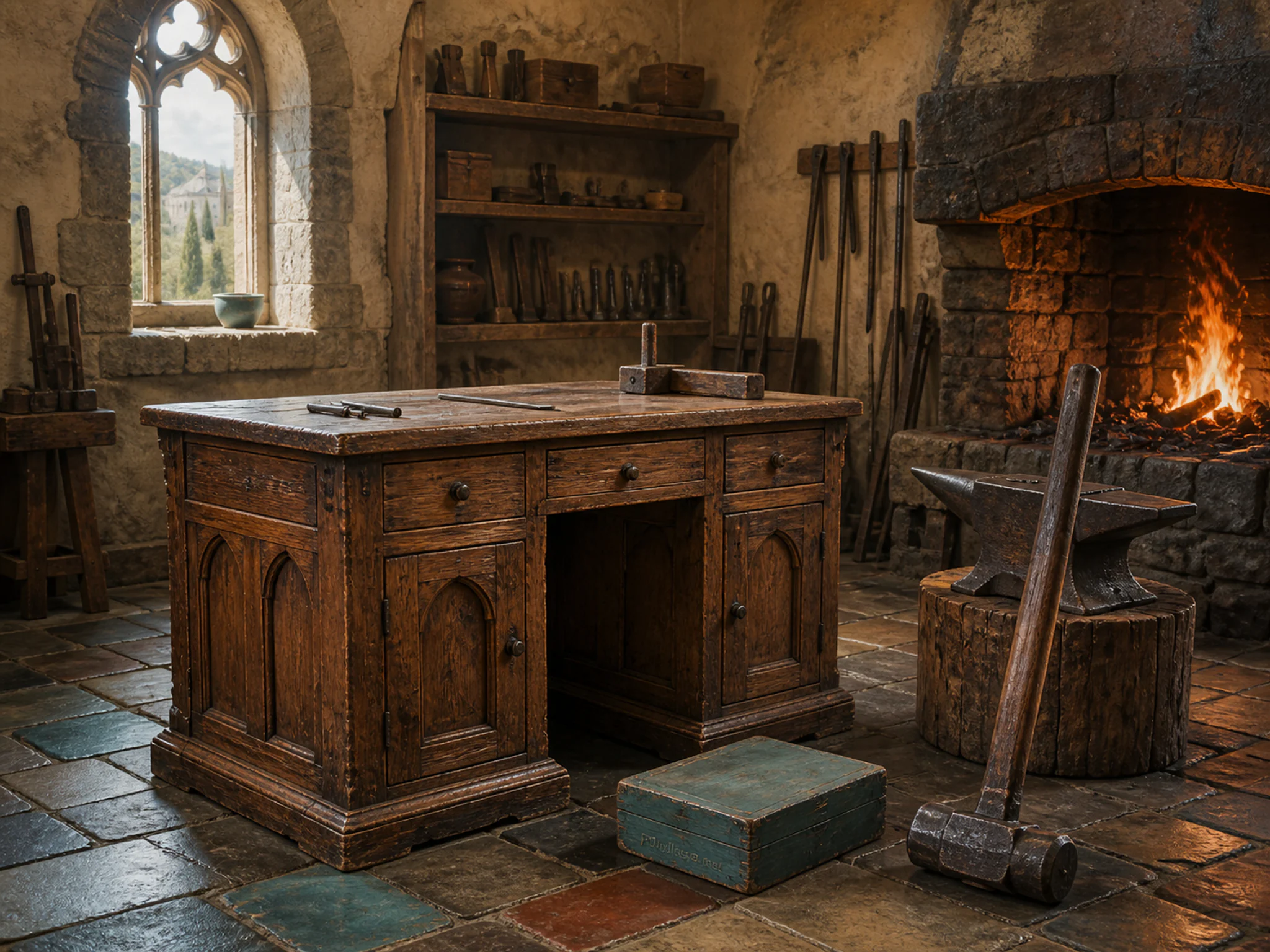 Monastery Desk being shaped beside heavy forging hammer in a firelit metalworking room, with layered scenery and soft overcast afternoon.
