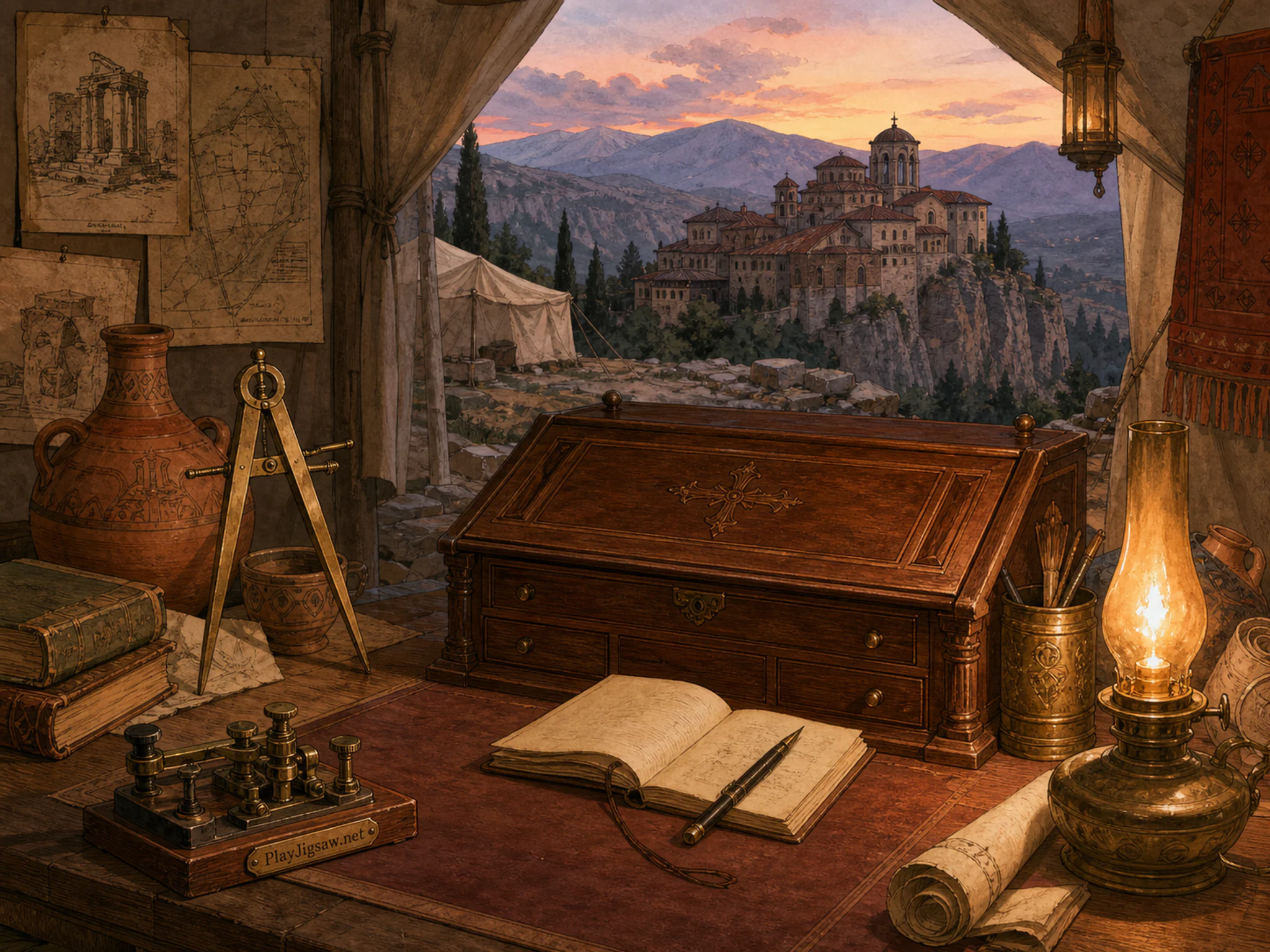 Monastery Desk waiting beside brass divider compass in a canvas archaeological station, with layered scenery and golden lamplight at dusk.