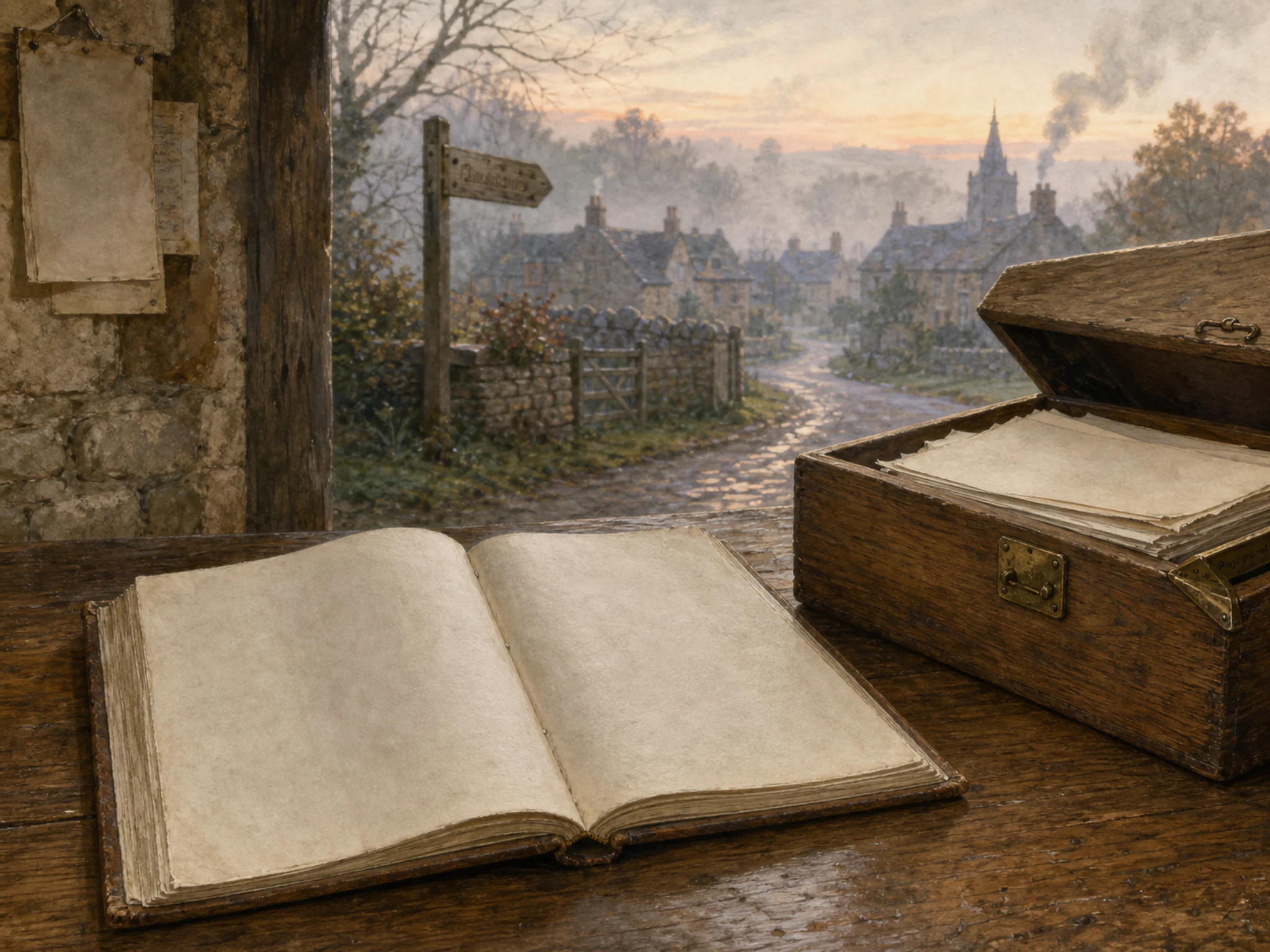 reading register displayed naturally beside a wooden document box in a village archive table with a reading register and blank documents, with familiar objects and calm misty dawn.