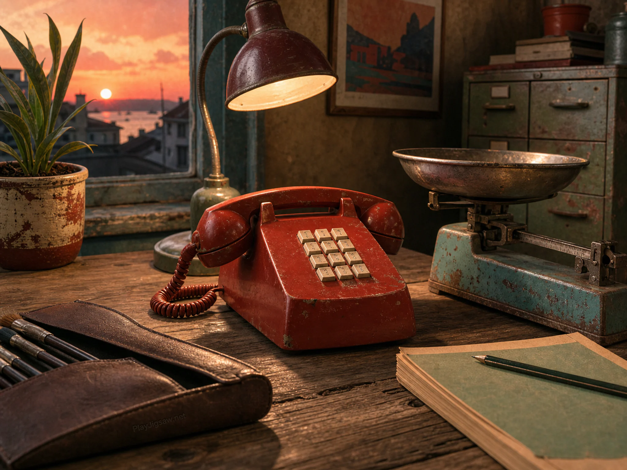 Reading Register being examined near weathered market scale in a compact communications office, with layered scenery and golden lamplight at dusk.