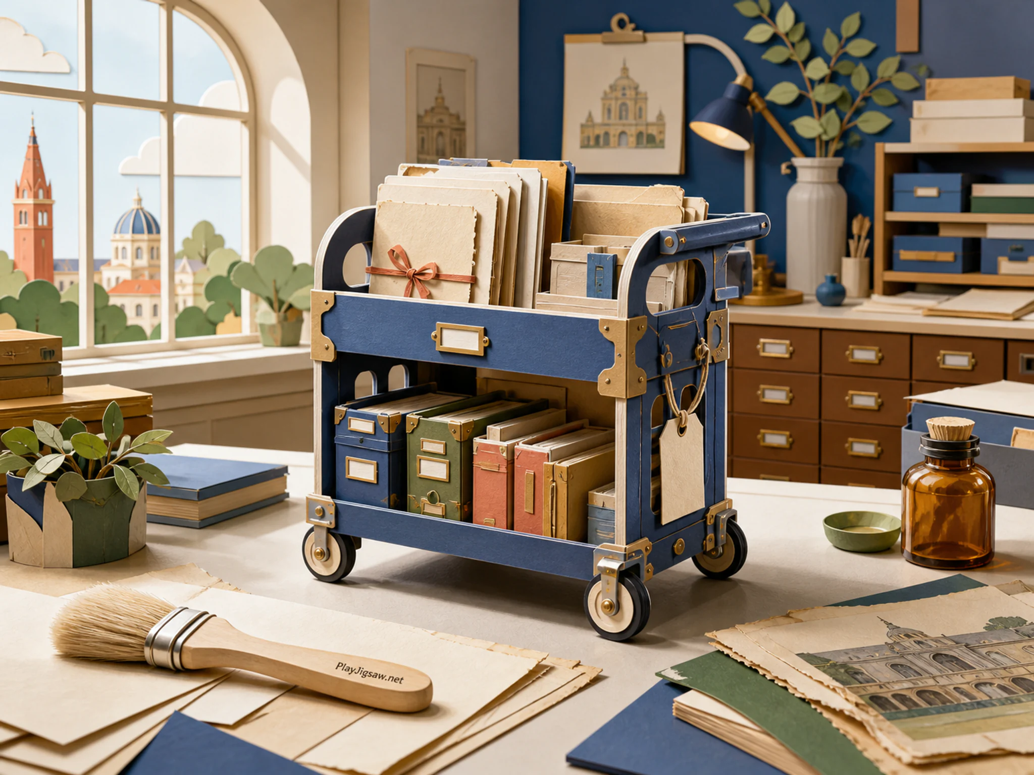 Town Archive Cart displayed around soft conservation brush in a quiet conservation laboratory, with layered scenery and bright diffused window light.