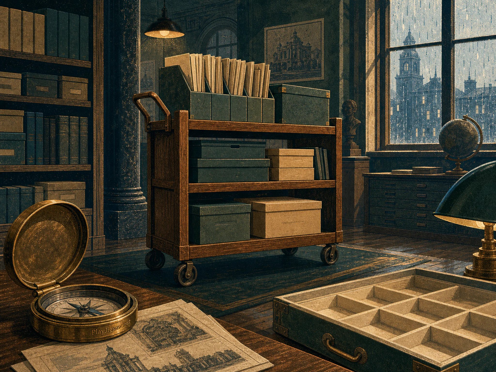 Town Archive Cart organized along numbered-free specimen tray in a dust-lit municipal archive, with layered scenery and gentle rain with crisp reflections.