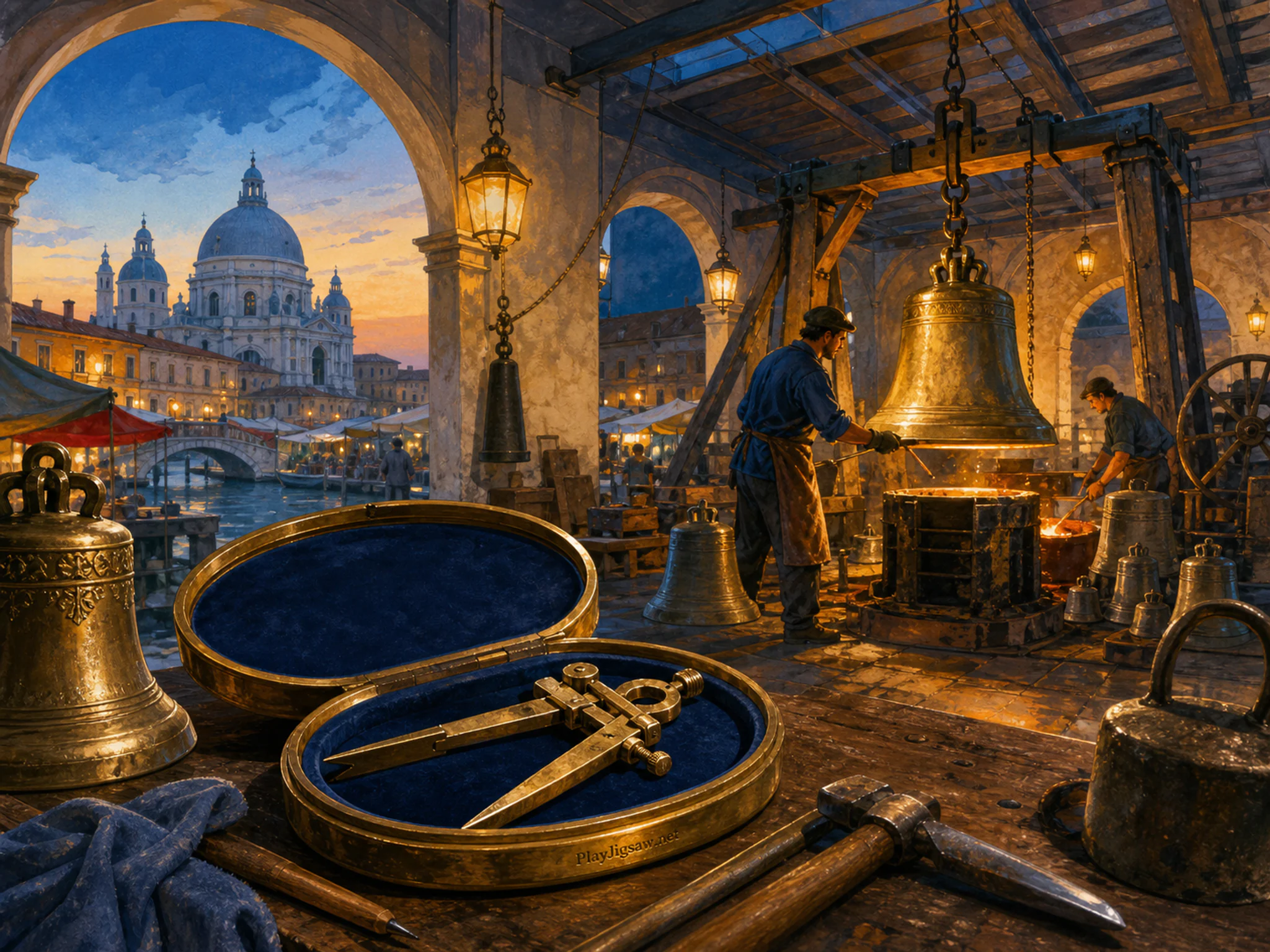 Bell Foundry carefully restored on brass divider compass in a covered heritage market, with layered scenery and golden lamplight at dusk.
