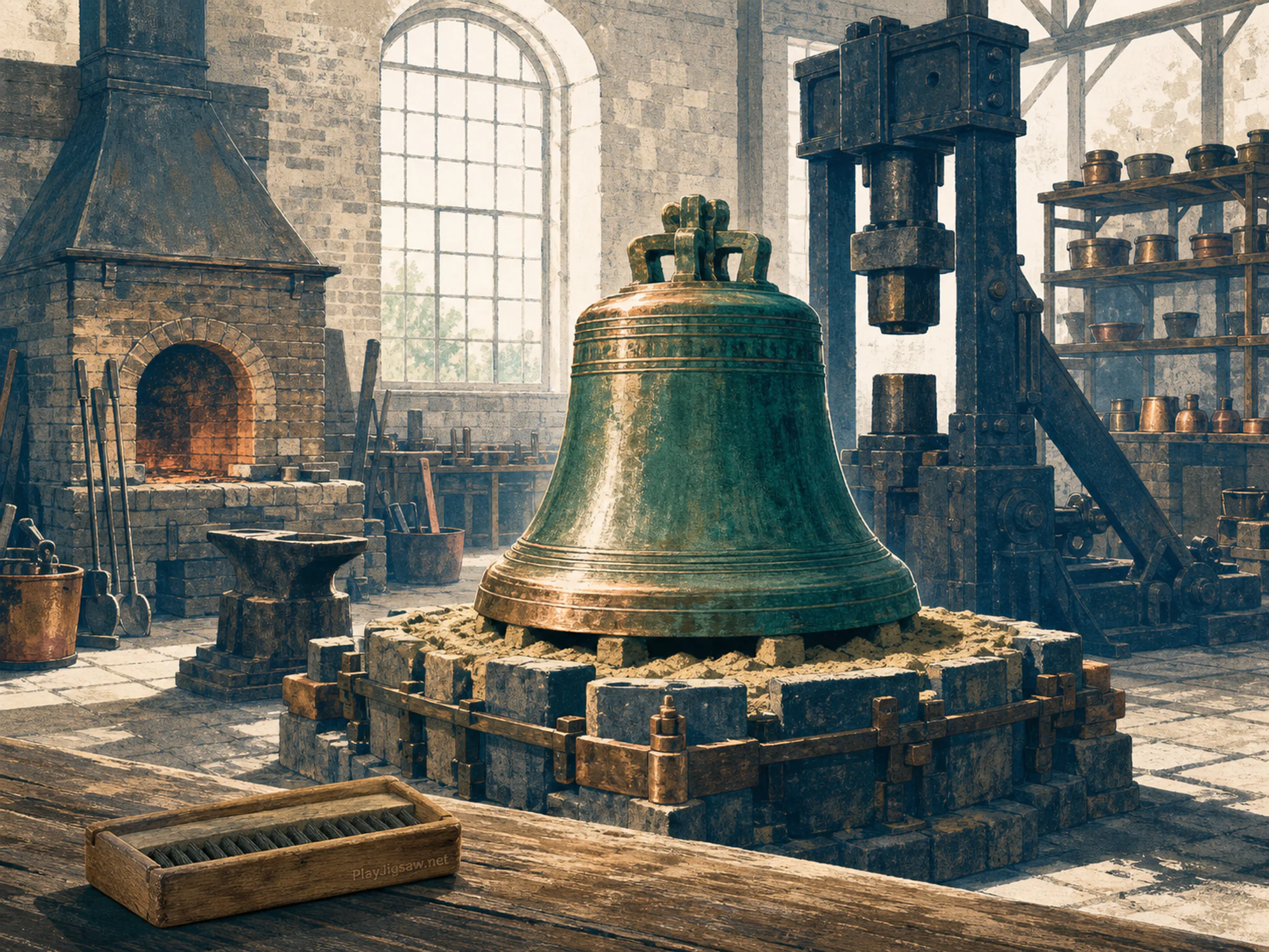 Bell Foundry being examined near heavy forging hammer in a reconstructed trade workshop, with layered scenery and bright diffused window light.