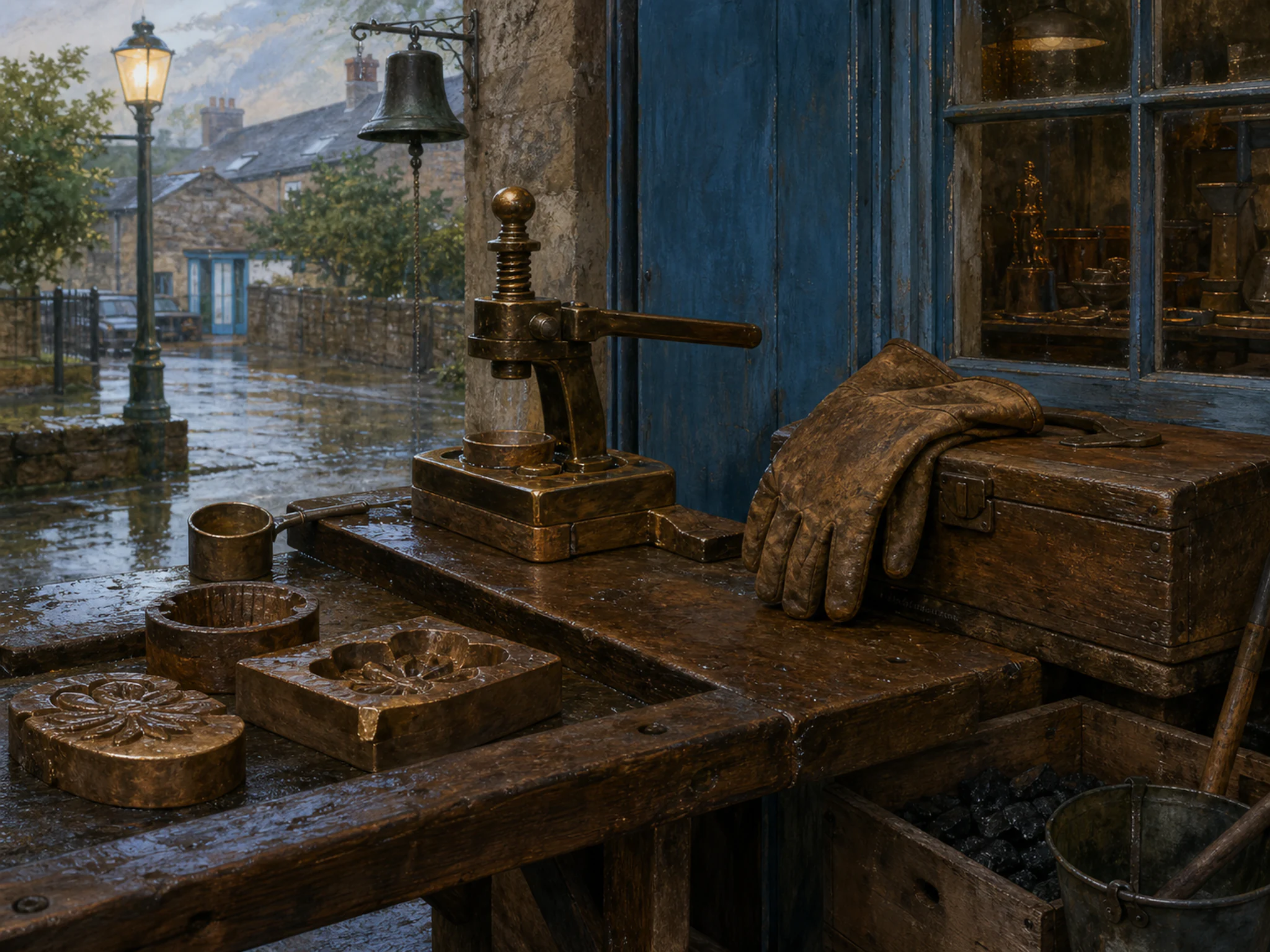 bronze casting bench displayed naturally beside a leather work glove in an old bronze-casting workbench inside a local foundry exhibit, with familiar objects and gentle rain with.