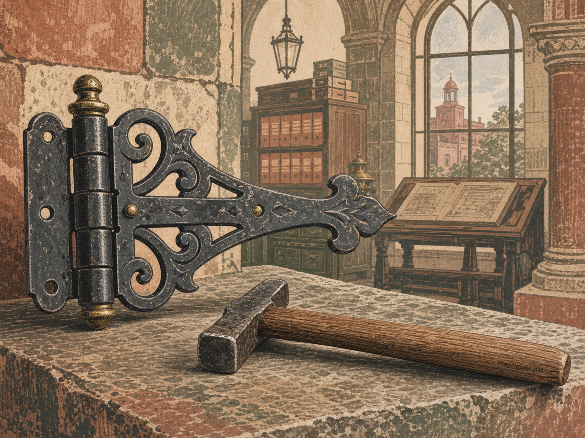 Iron Hinge Forge displayed around wooden hand tool in a dust-lit municipal archive, with layered scenery and soft overcast afternoon.