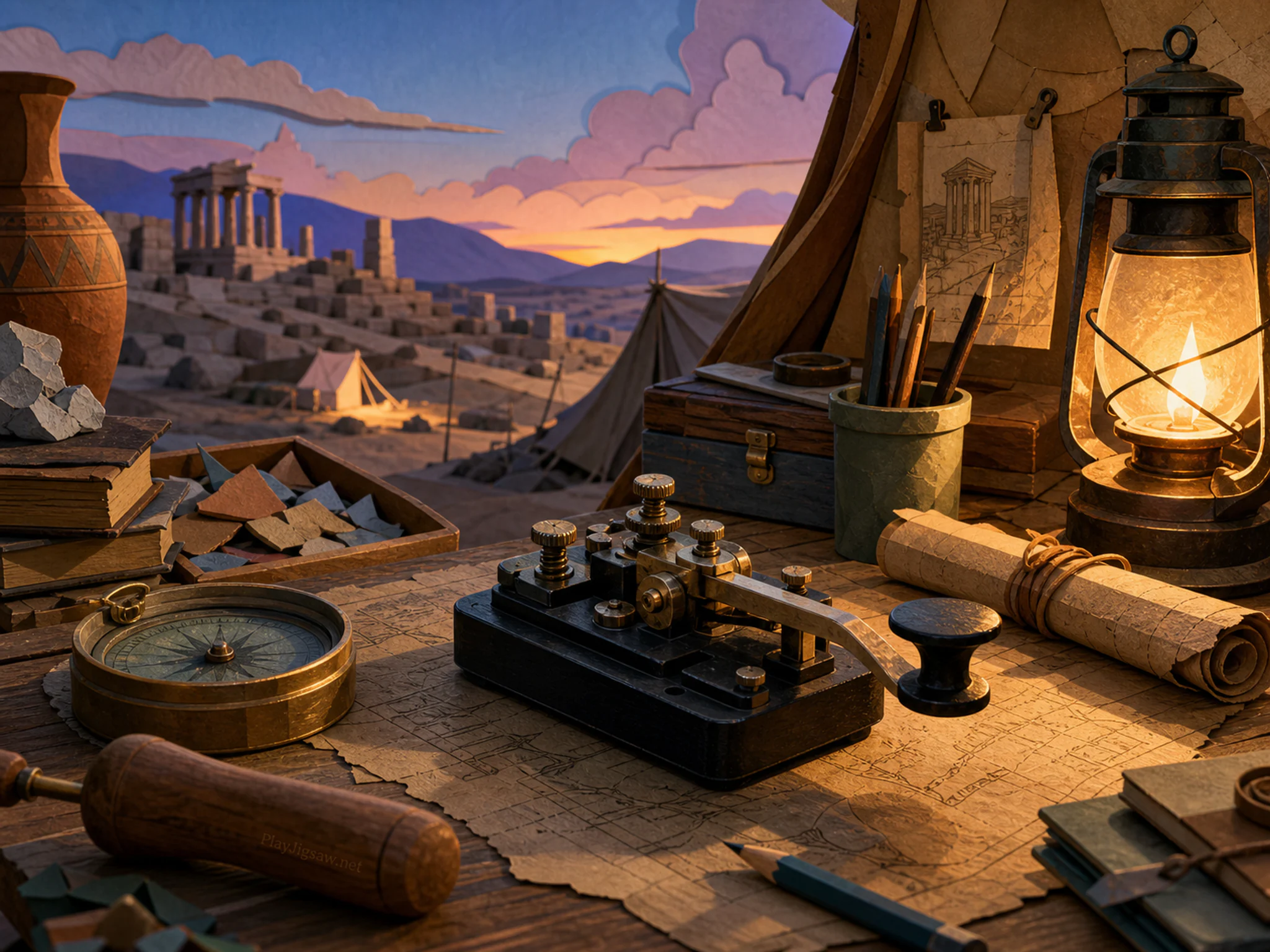 Compass Workshop displayed around black telegraph key in a canvas archaeological station, with layered scenery and golden lamplight at dusk.
