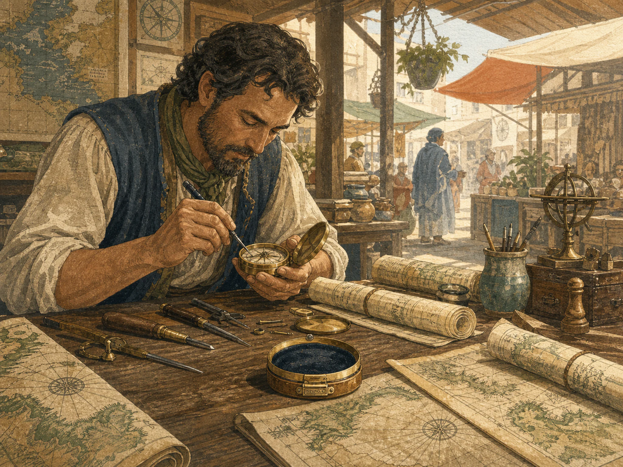 Compass Workshop organized along wooden hand tool in a covered heritage market, with layered scenery and bright diffused window light.