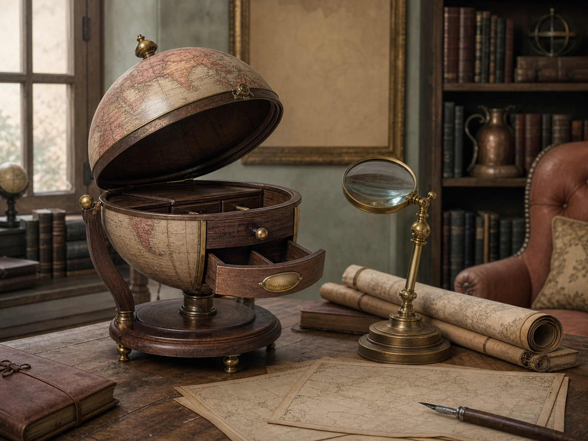 globe cabinet displayed naturally beside a brass magnifier in a familiar study with a globe cabinet and blank maps, with familiar objects and soft overcast afternoon.