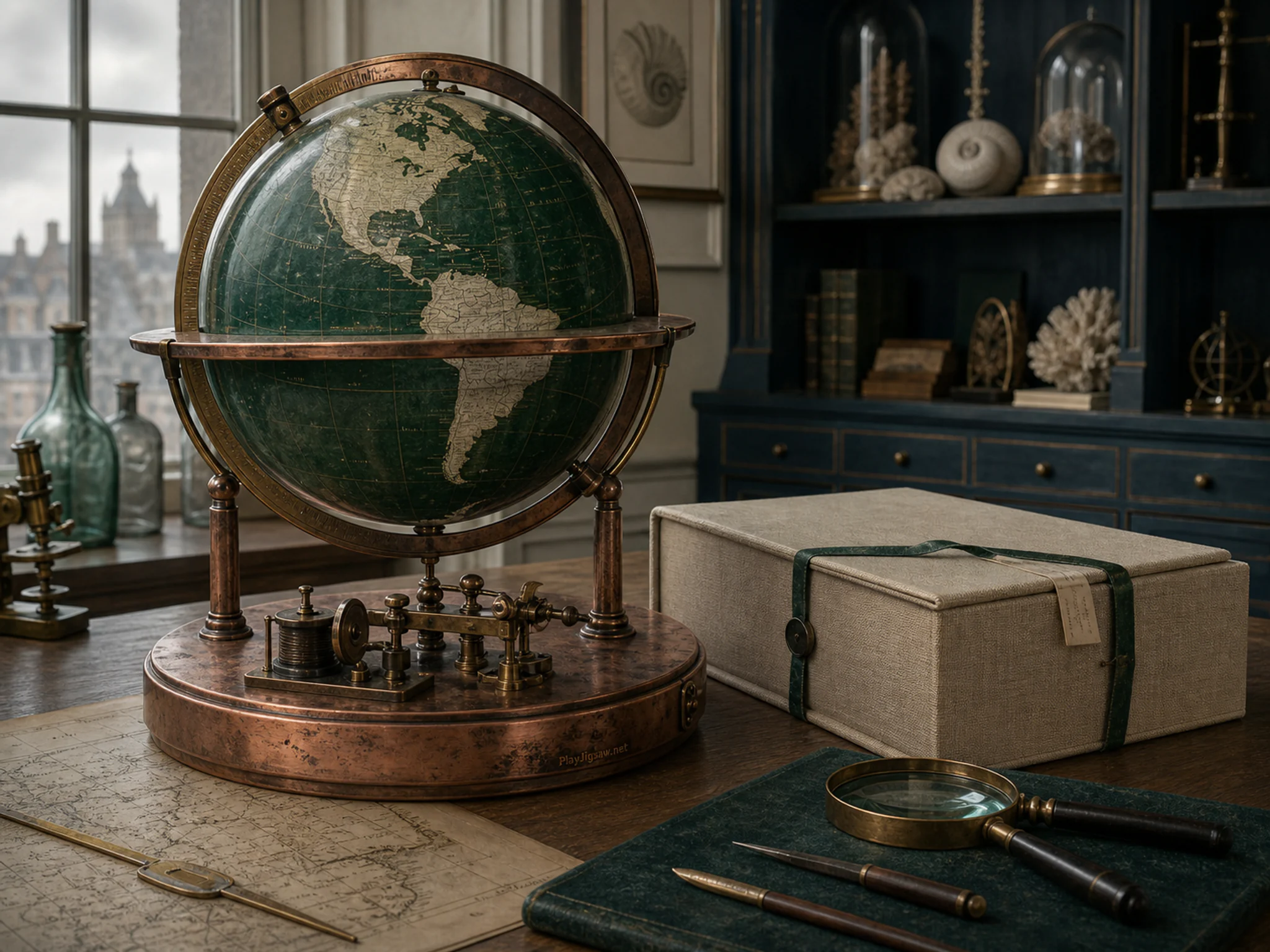 Globe Cabinet waiting beside linen archive box in a quiet conservation laboratory, with layered scenery and soft overcast afternoon.