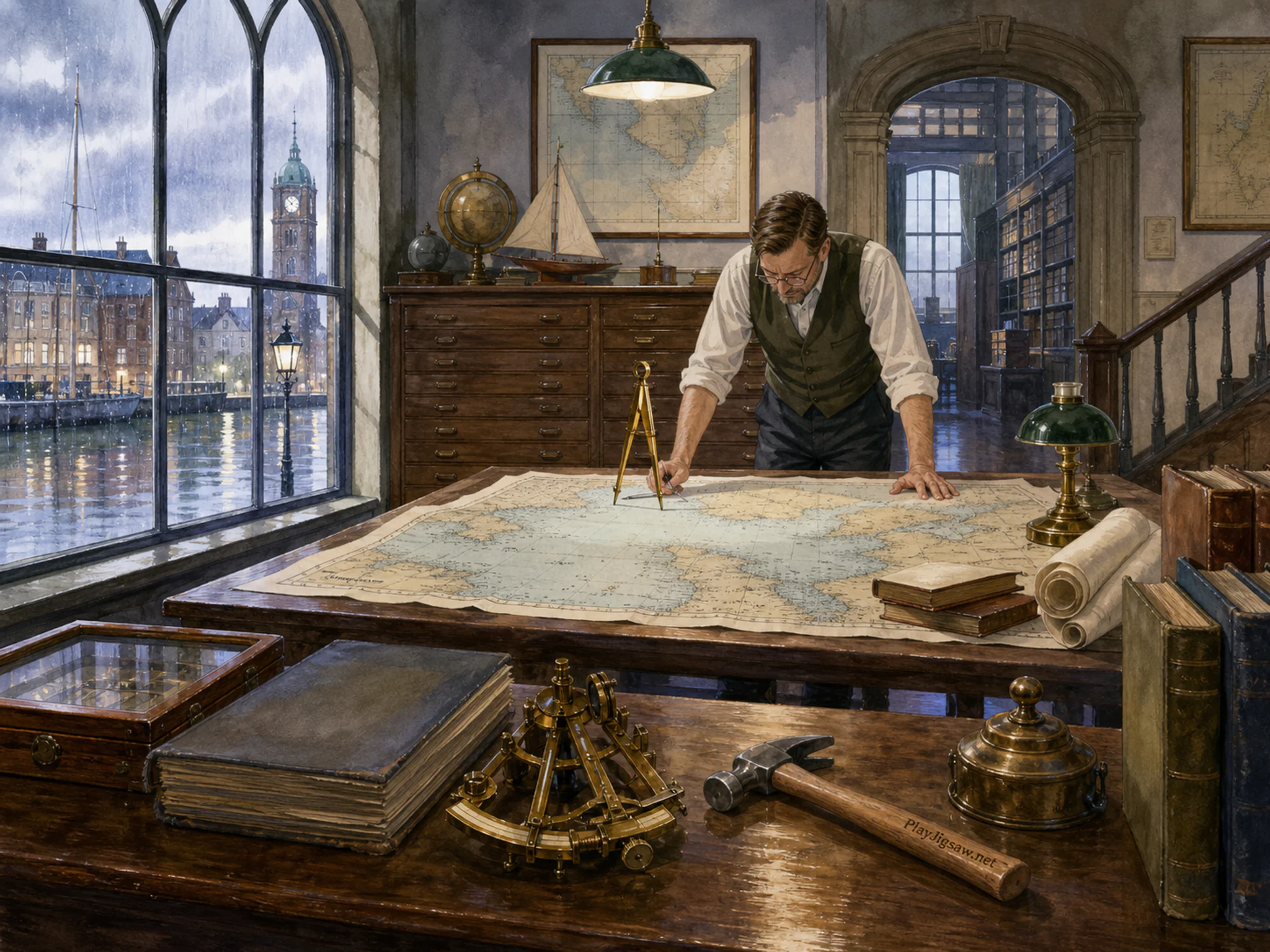 Nautical Chart Room being examined near brass divider compass in a dust-lit municipal archive, with layered scenery and gentle rain with crisp reflections.