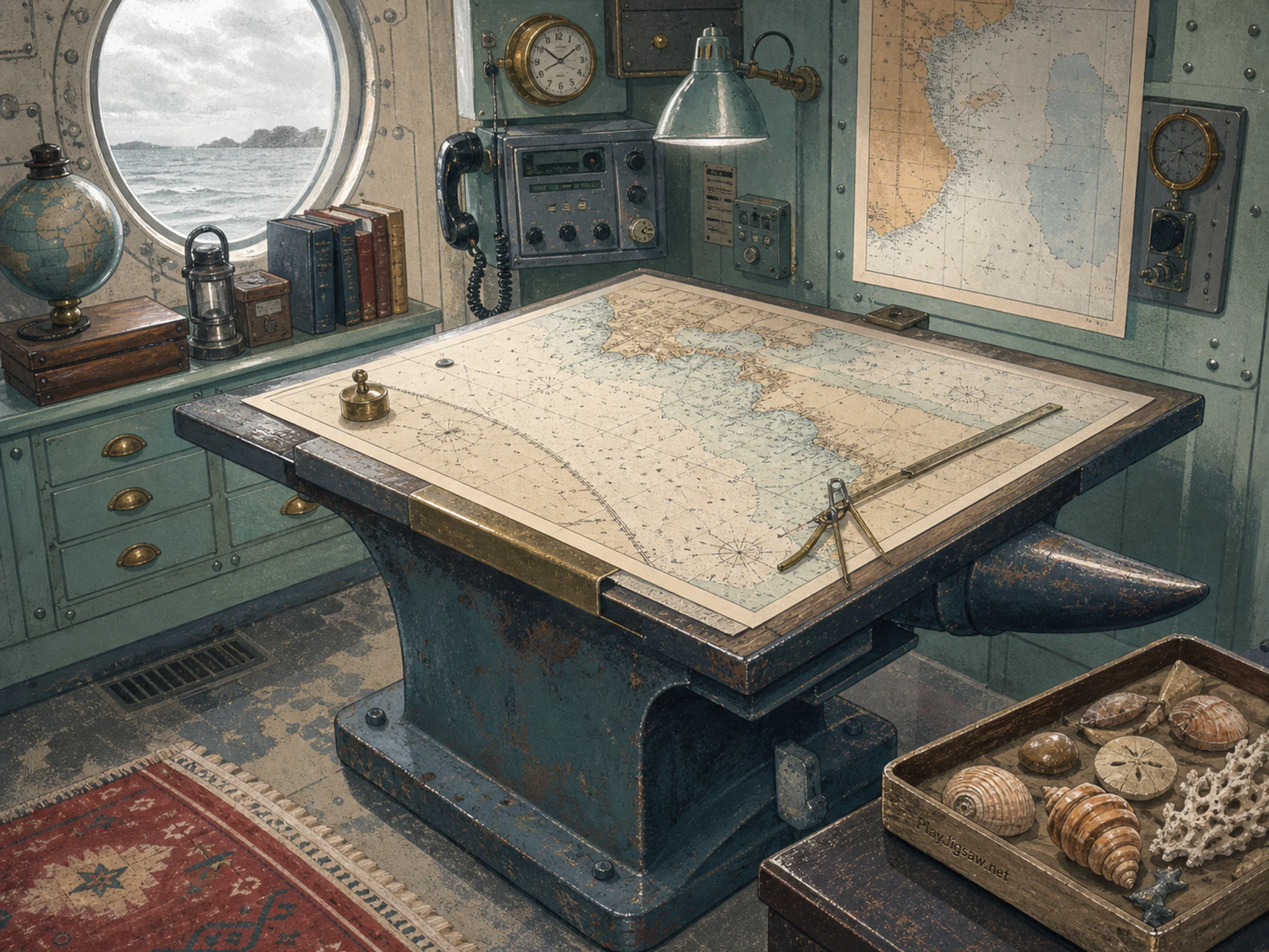 Nautical Chart Room carefully restored on heavy forging hammer in a compact communications office, with layered scenery and soft overcast afternoon.