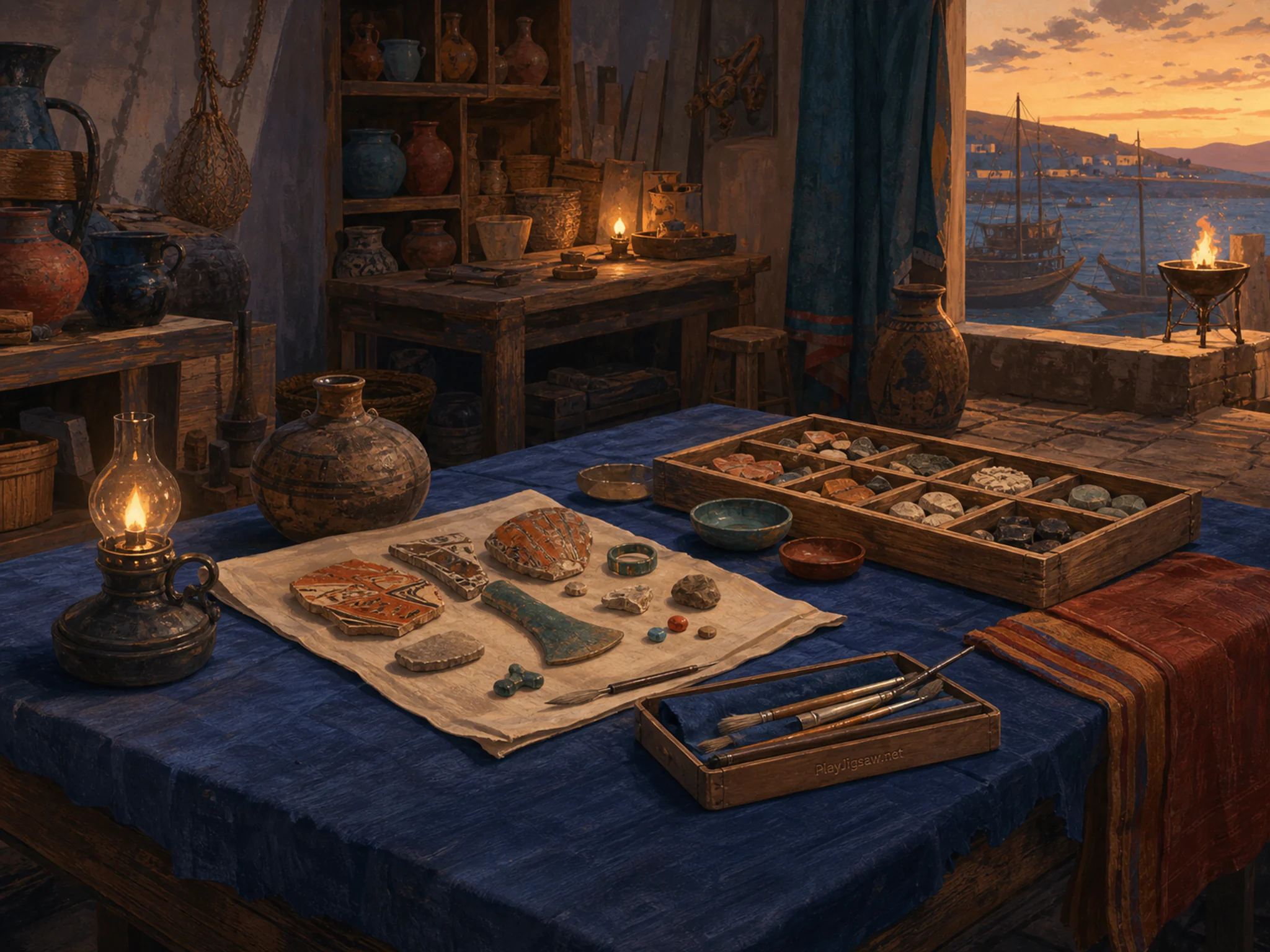Survey Table cooling beside numbered-free specimen tray in a reconstructed trade workshop, with layered scenery and golden lamplight at dusk.