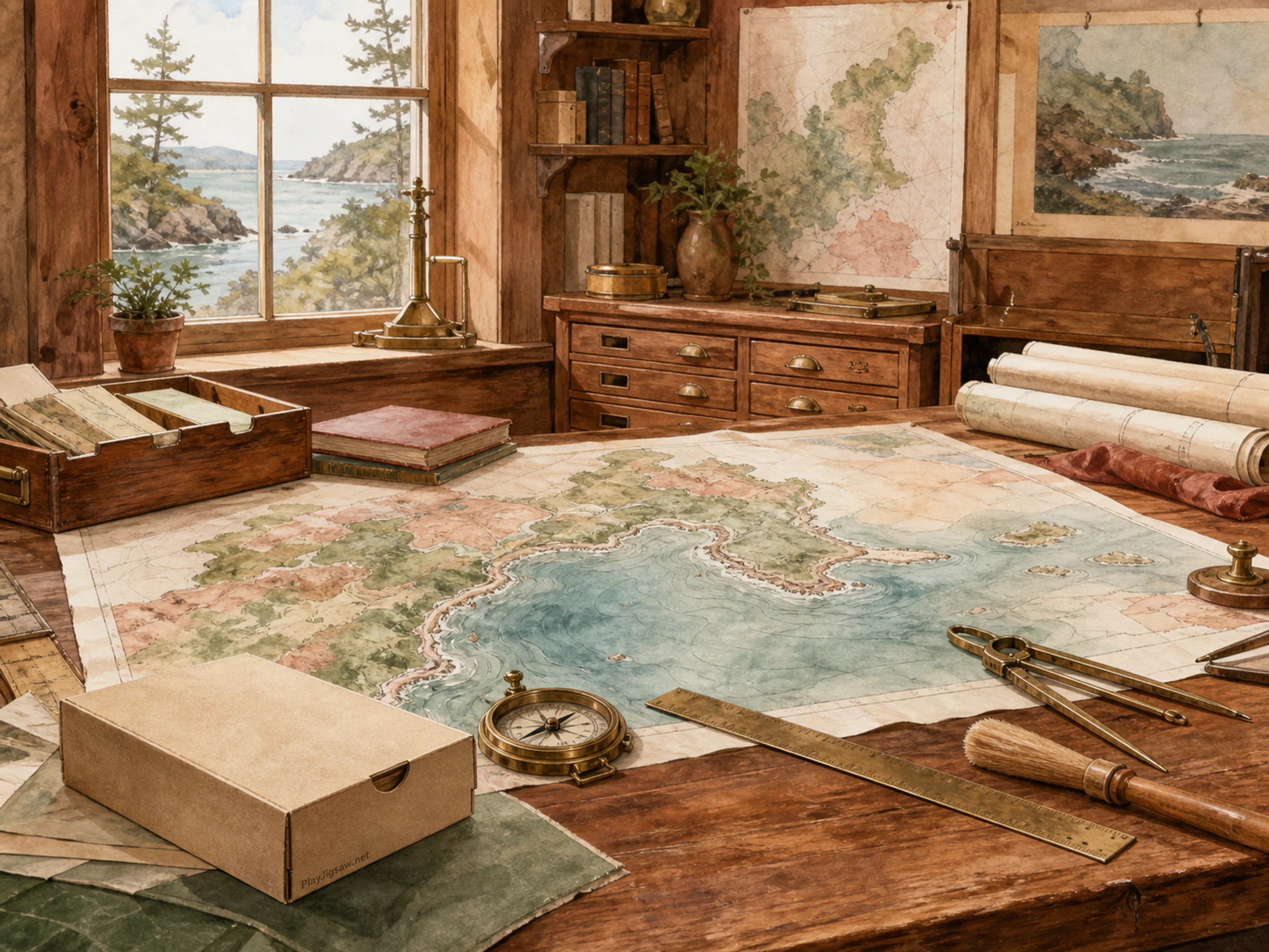 Survey Table spread across soft conservation brush in a wood-paneled chart room, with layered scenery and bright diffused window light.