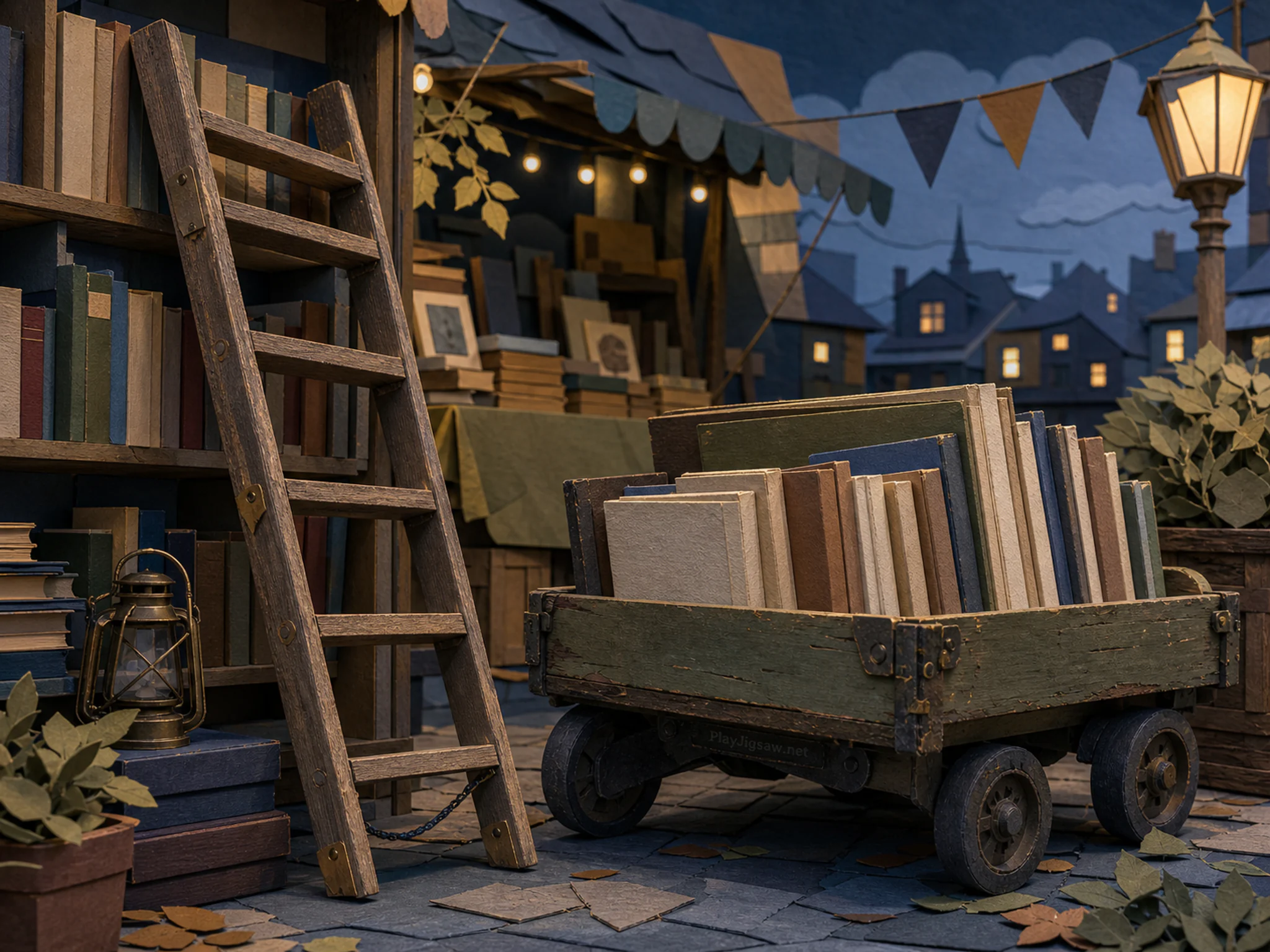 book fair ladder displayed naturally beside a handcart of blank-spine books in a second neighborhood book-market stall with a wooden ladder, with familiar objects and cool.