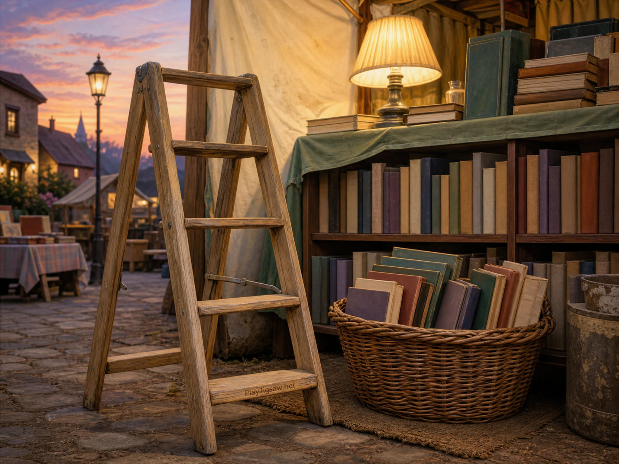 book fair ladder displayed naturally beside a wicker book basket in a secondhand book-market stall with blank spines and a wooden ladder, with familiar objects and warm lamplight.