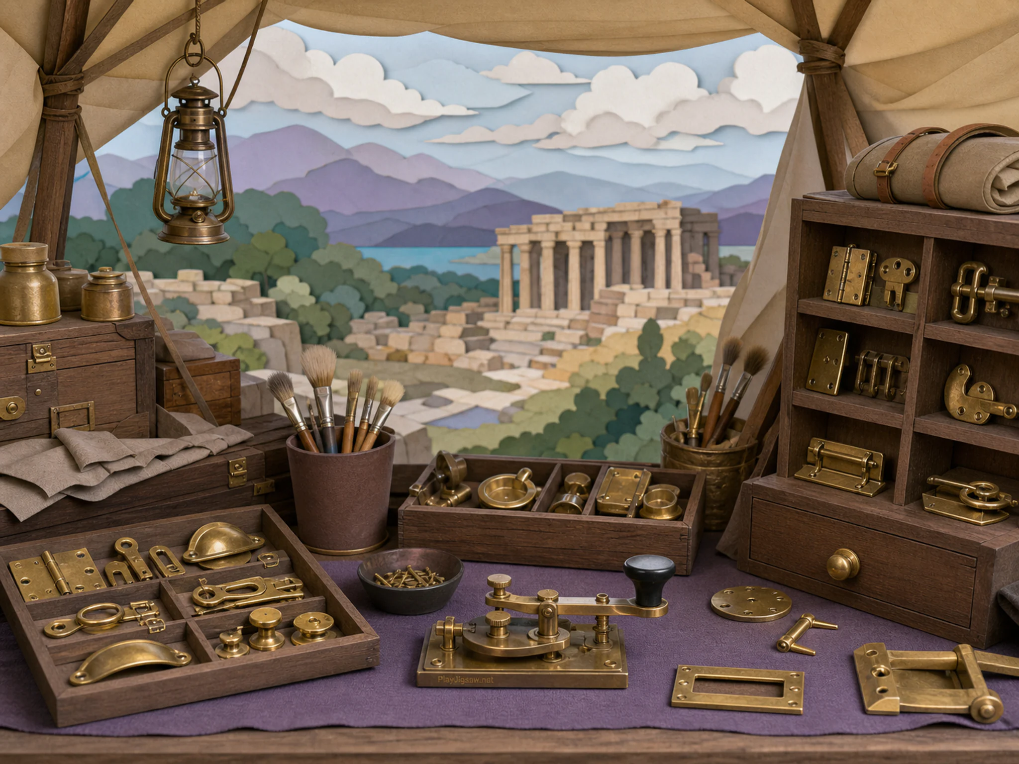 Brass Hardware Stall organized along soft conservation brush in a canvas archaeological station, with layered scenery and soft overcast afternoon.