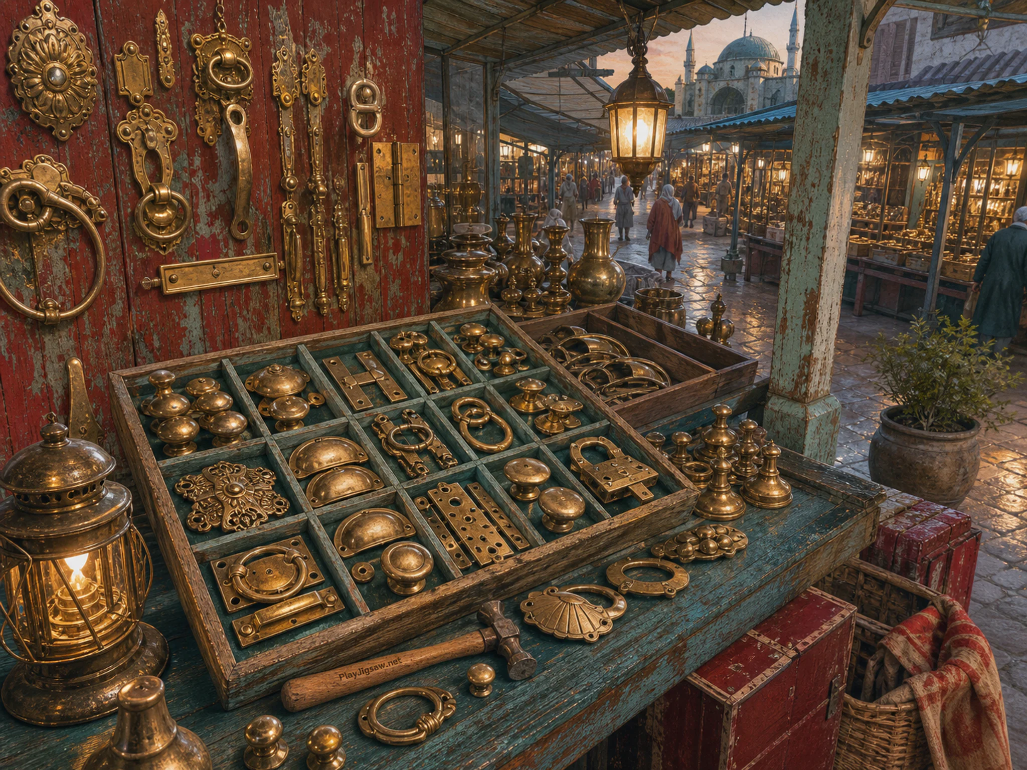 Brass Hardware Stall displayed around numbered-free specimen tray in a covered heritage market, with layered scenery and golden lamplight at dusk.