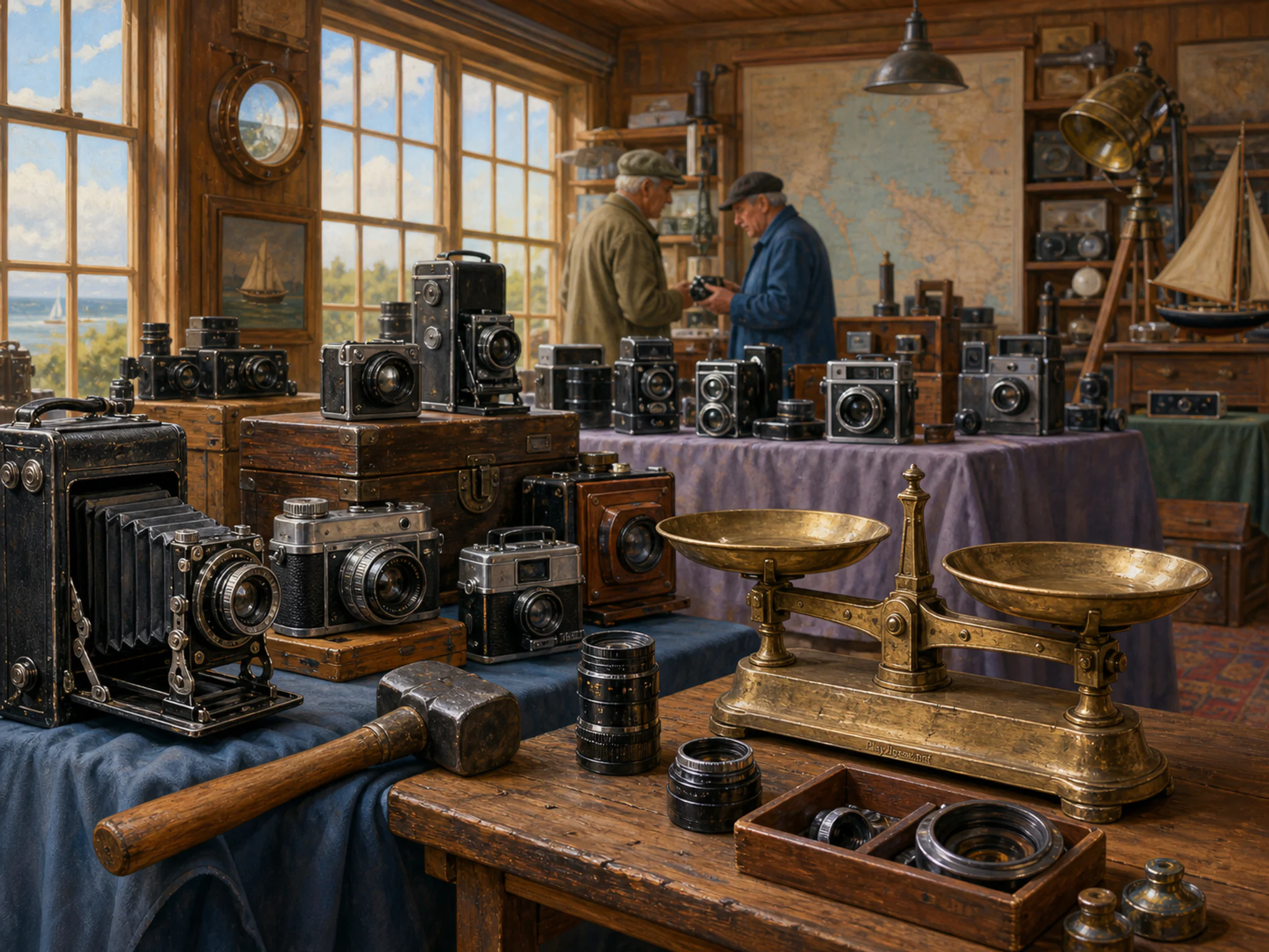 Camera Flea Market waiting beside heavy forging hammer in a wood-paneled chart room, with layered scenery and bright diffused window light.