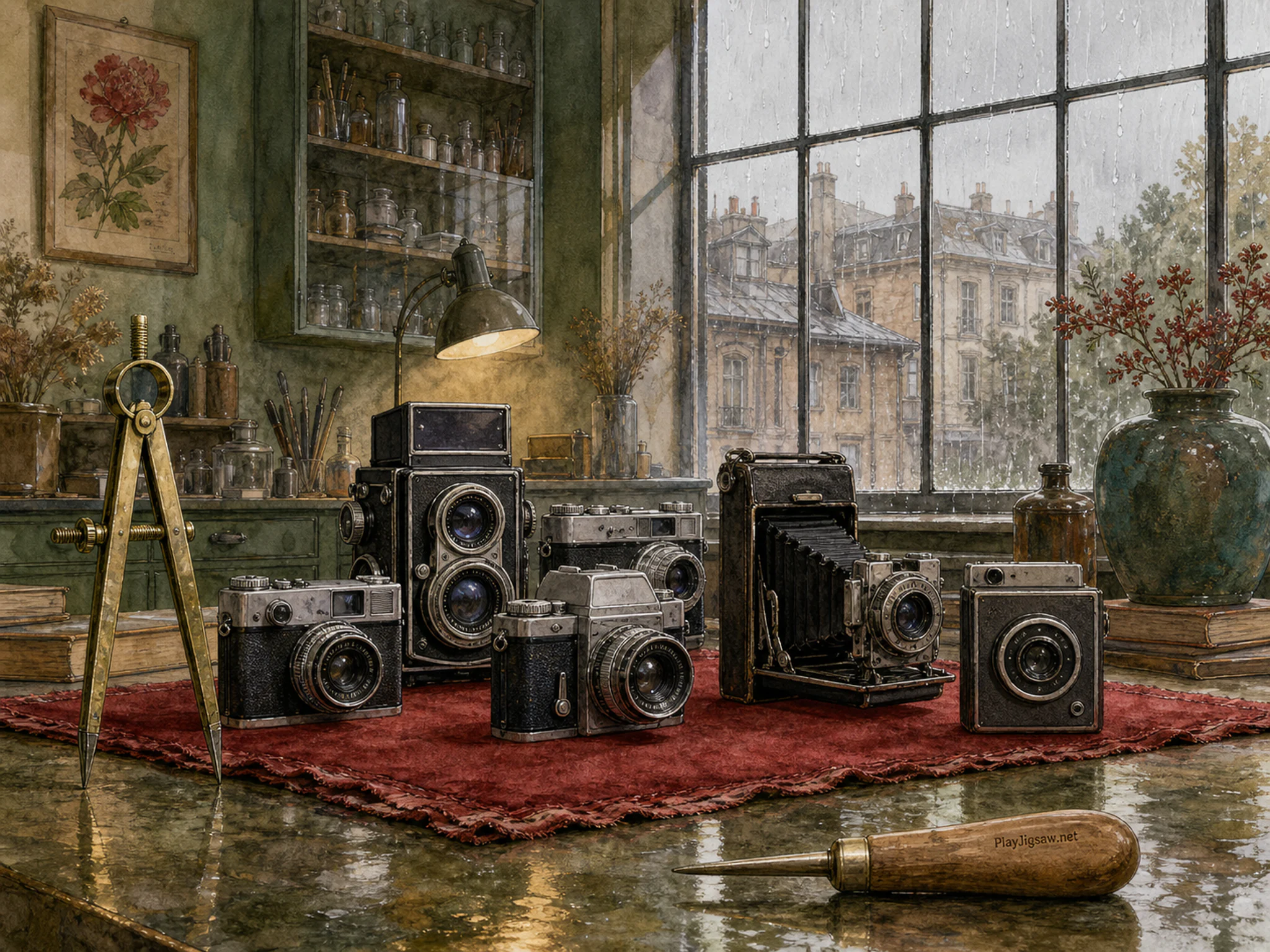 Camera Flea Market being shaped beside brass divider compass in a quiet conservation laboratory, with layered scenery and gentle rain with crisp reflections.