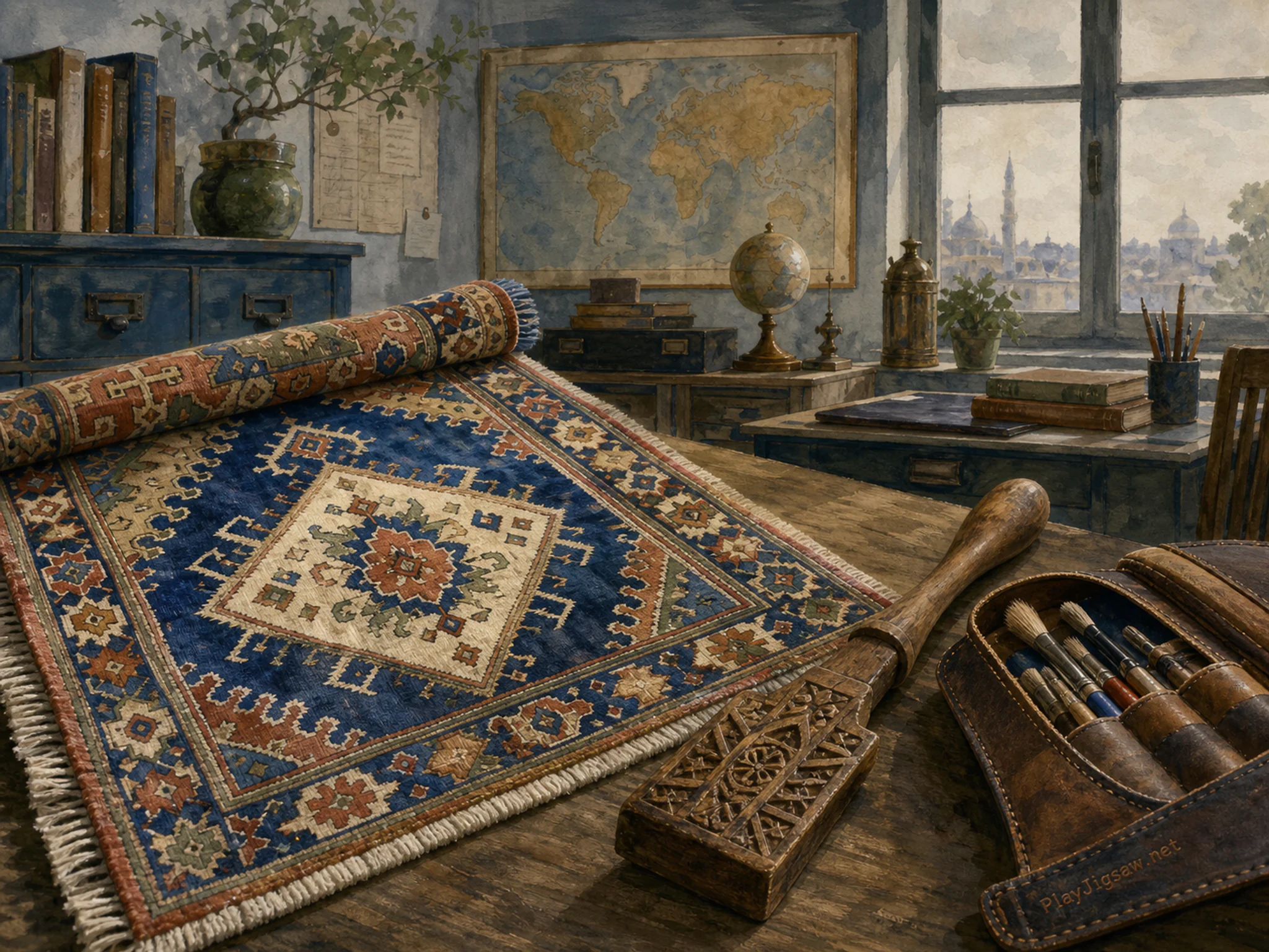 Rug Bazaar cooling beside wooden hand tool in a compact communications office, with layered scenery and soft overcast afternoon.