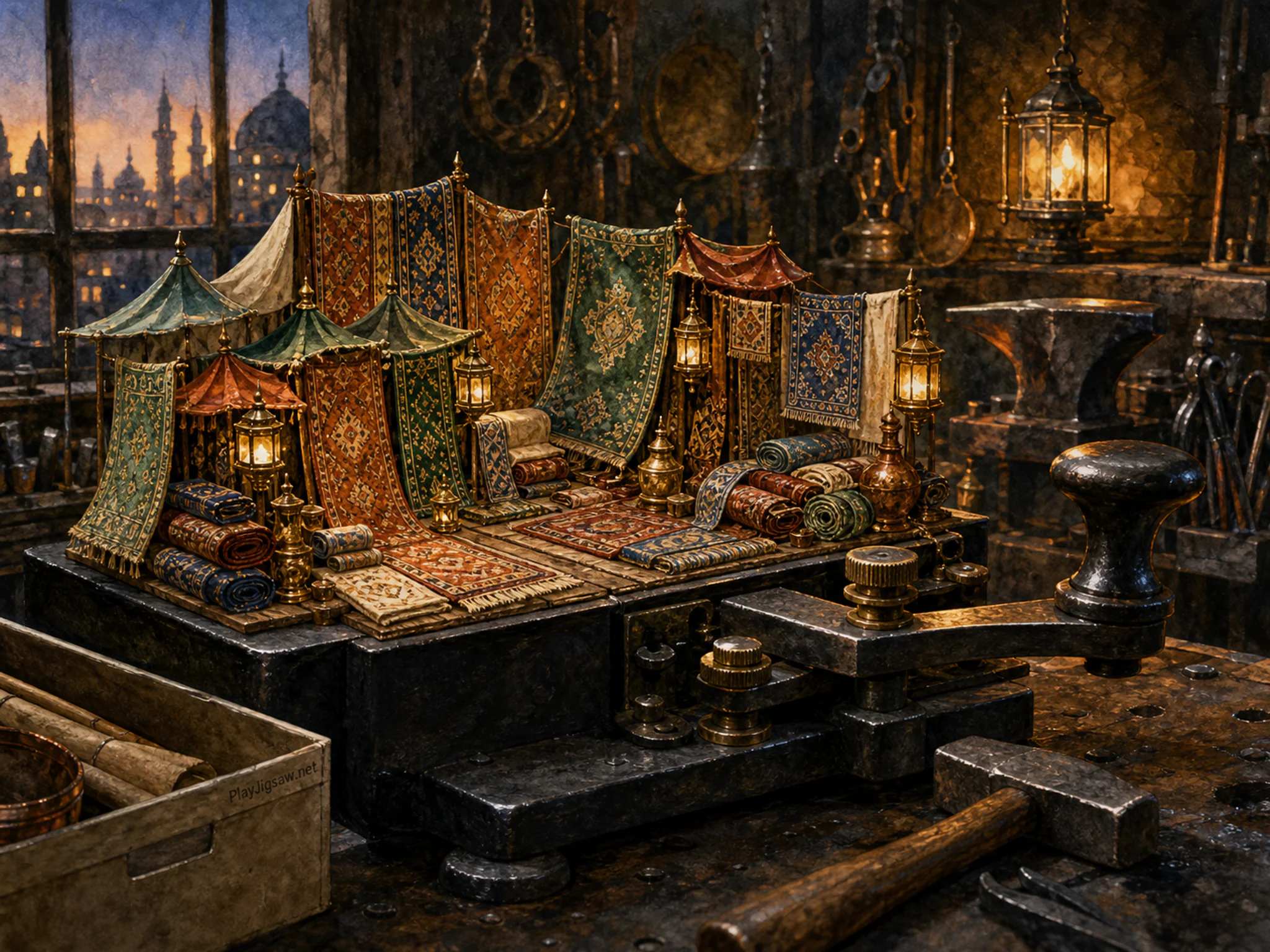 Rug Bazaar spread across black telegraph key in a firelit metalworking room, with layered scenery and golden lamplight at dusk.