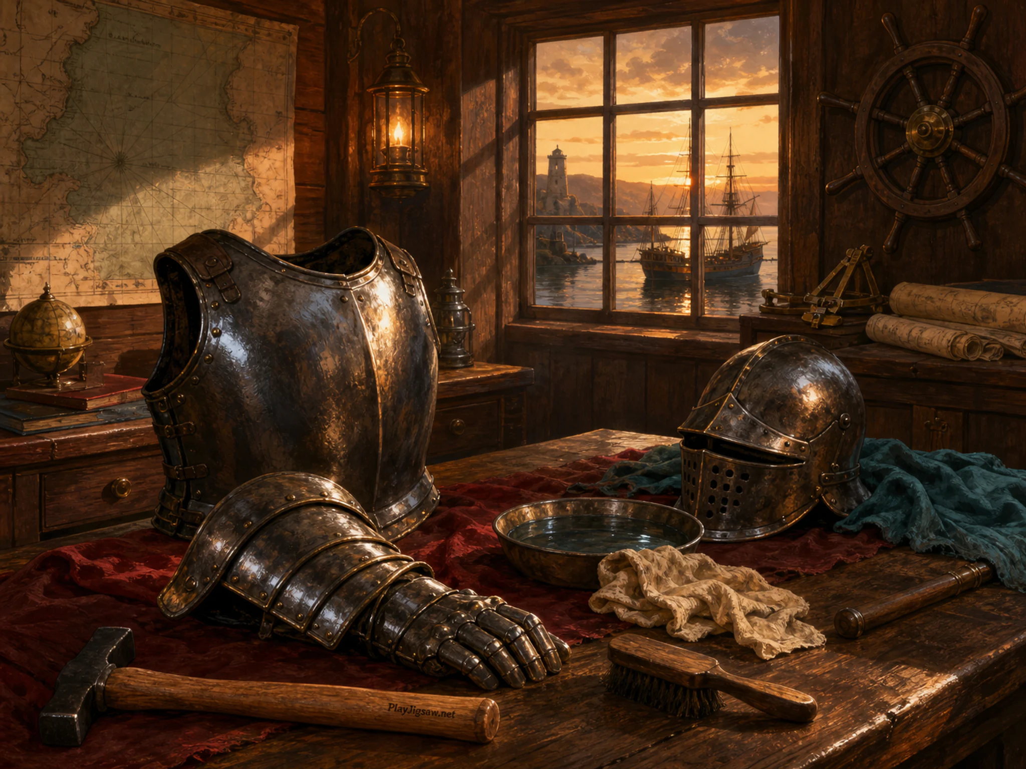 Armor Cleaning Table being examined near wooden hand tool in a wood-paneled chart room, with layered scenery and warm late-day sunlight.