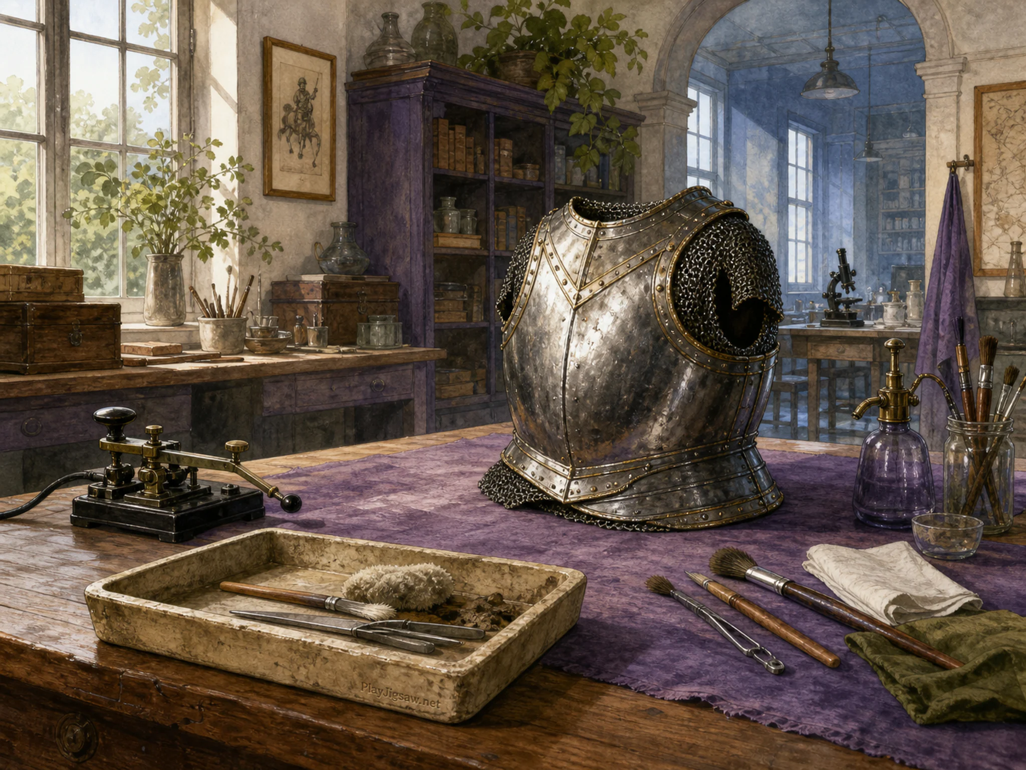 Armor Cleaning Table carefully restored on black telegraph key in a quiet conservation laboratory, with layered scenery and clear early morning light.