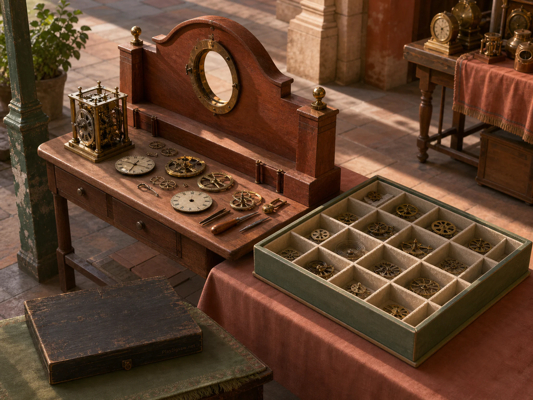 Clock Exhibit Bench being shaped beside numbered-free specimen tray in a covered heritage market, with layered scenery and warm late-day sunlight.