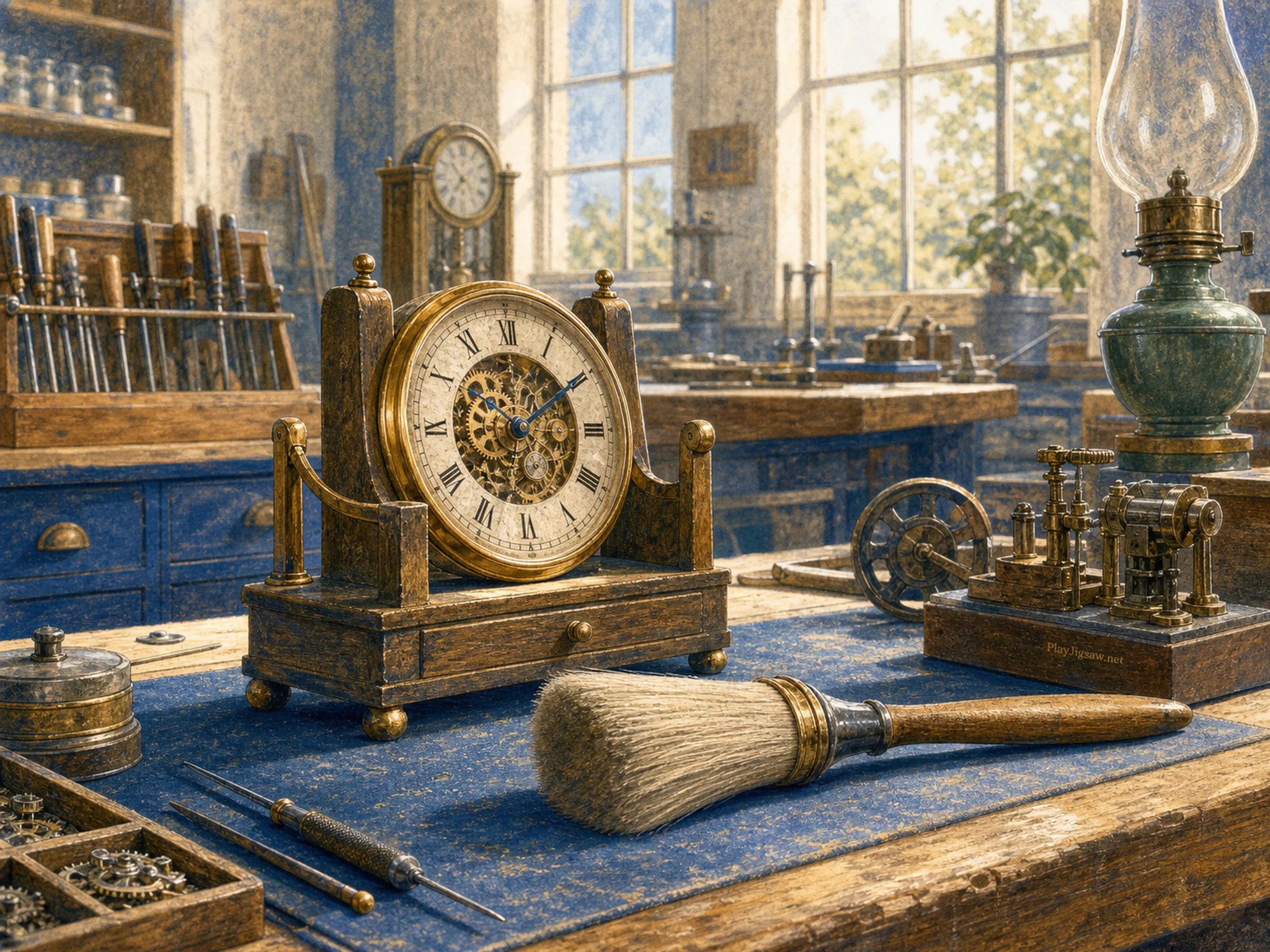 Clock Exhibit Bench waiting beside soft conservation brush in a reconstructed trade workshop, with layered scenery and clear early morning light.