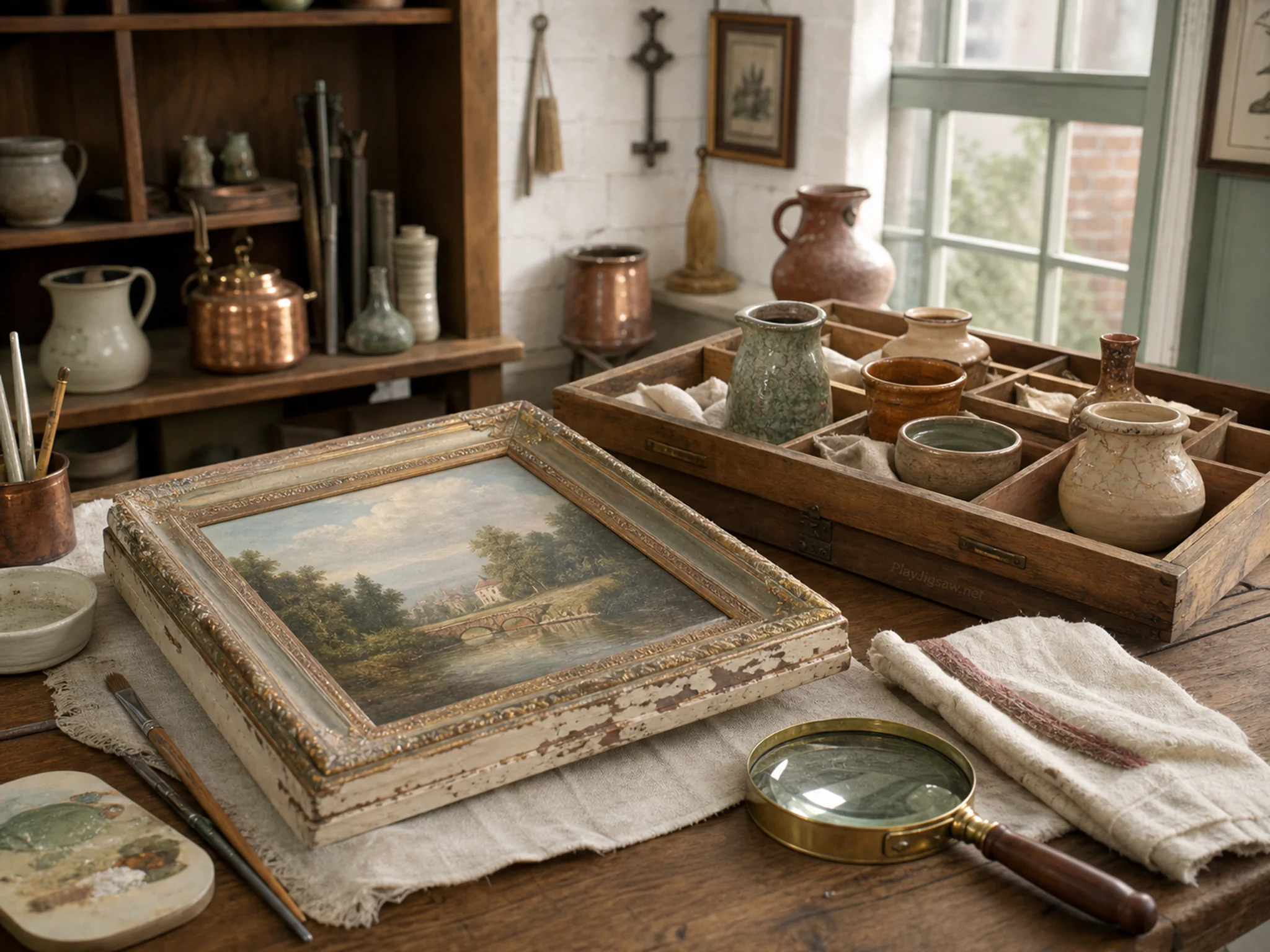 frame restoration displayed naturally beside a wooden specimen tray in a small local museum cabinet with tools and pottery, with familiar objects and bright diffused window light.