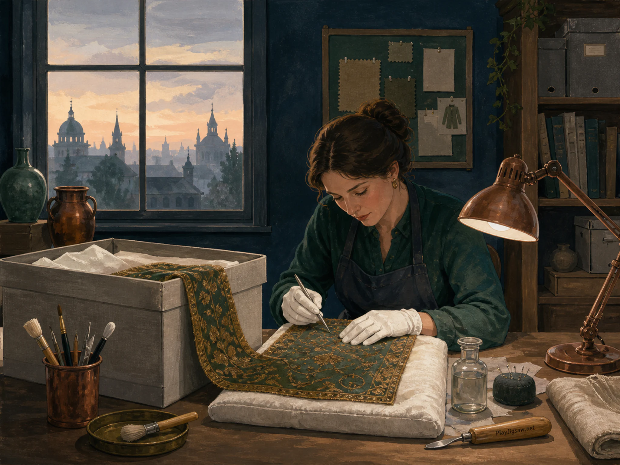 Textile Conservation displayed around linen archive box in a compact communications office, with layered scenery and calm misty dawn.
