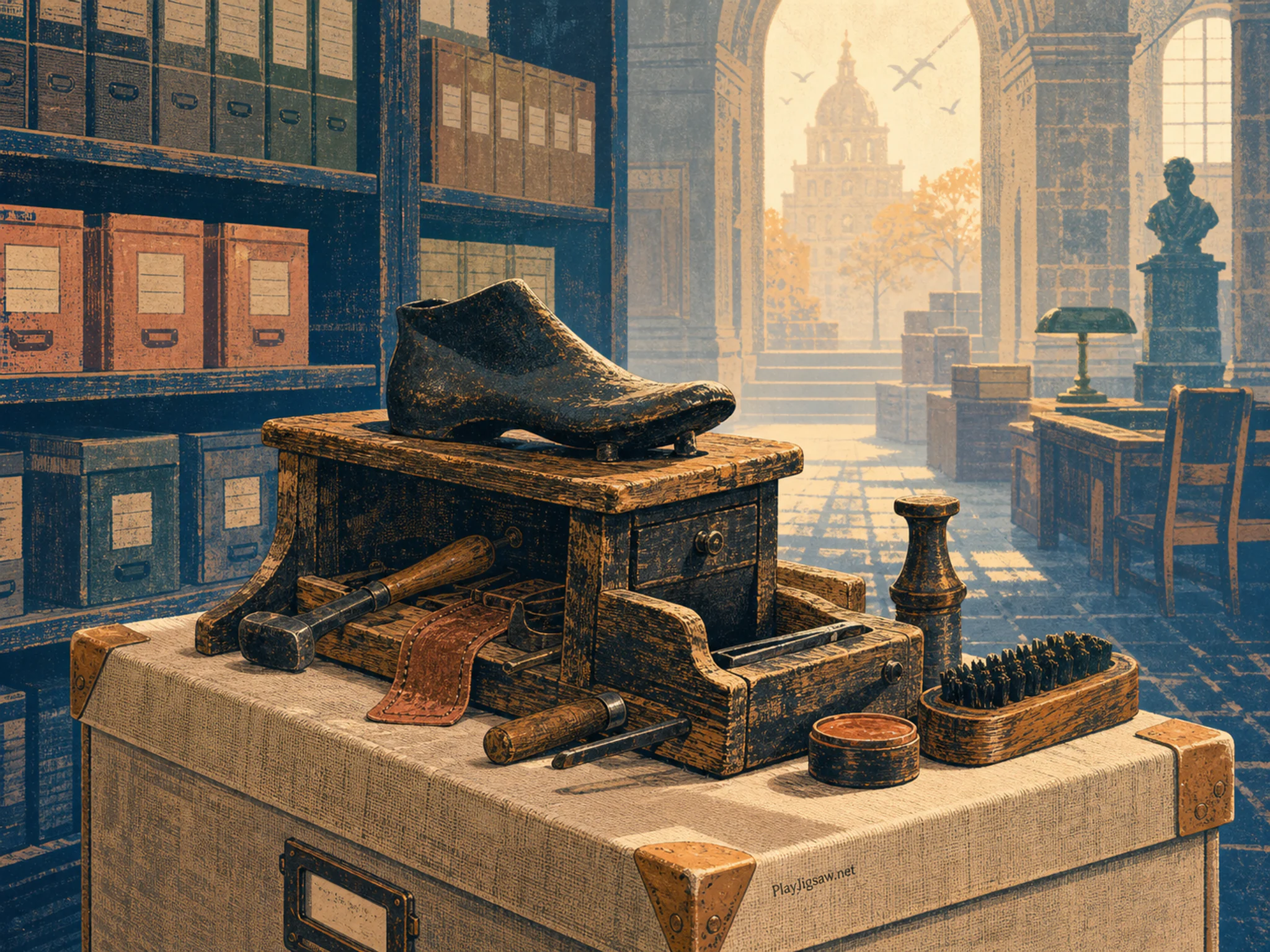 Cobbler Bench spread across linen archive box in a dust-lit municipal archive, with layered scenery and calm misty dawn.