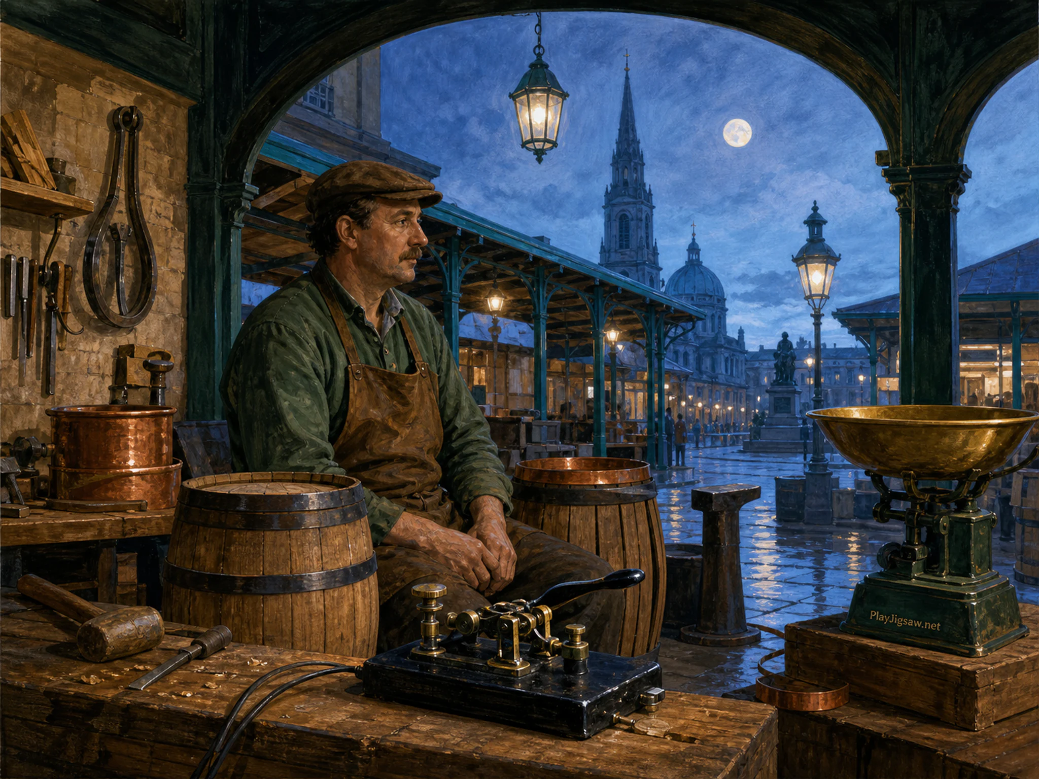 Cooper Workshop waiting beside black telegraph key in a covered heritage market, with layered scenery and cool blue-hour light.