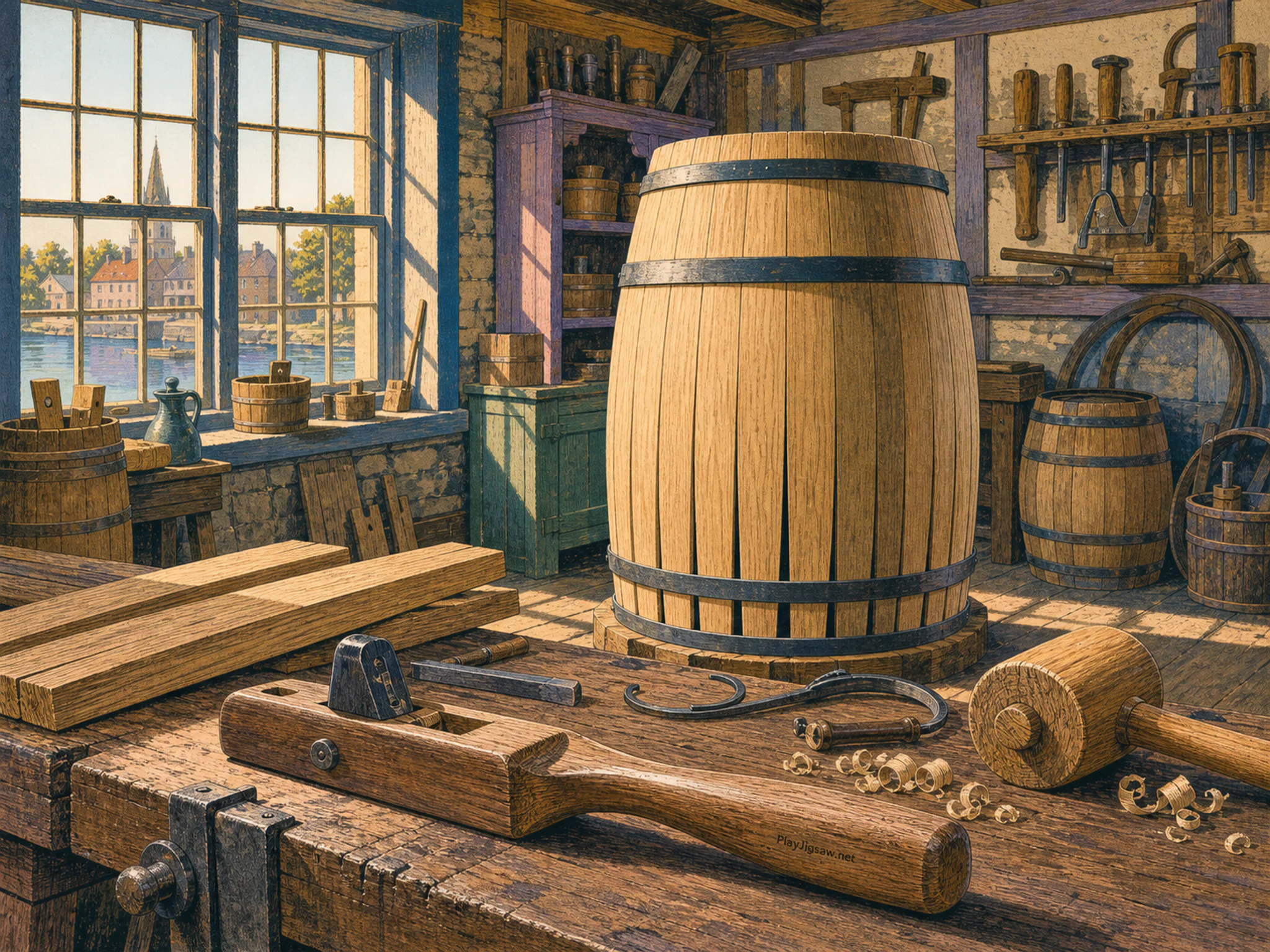 Cooper Workshop being shaped beside wooden hand tool in a reconstructed trade workshop, with layered scenery and warm late-day sunlight.