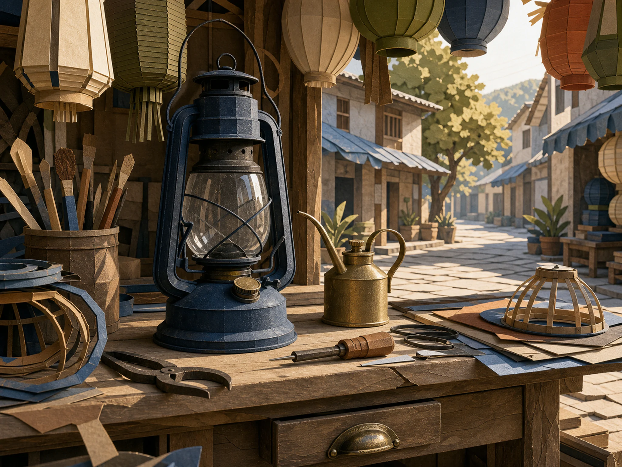 lantern maker displayed naturally beside a brass oil can in a neighborhood lantern-maker workshop with familiar hand tools, with familiar objects and clear early-morning light.