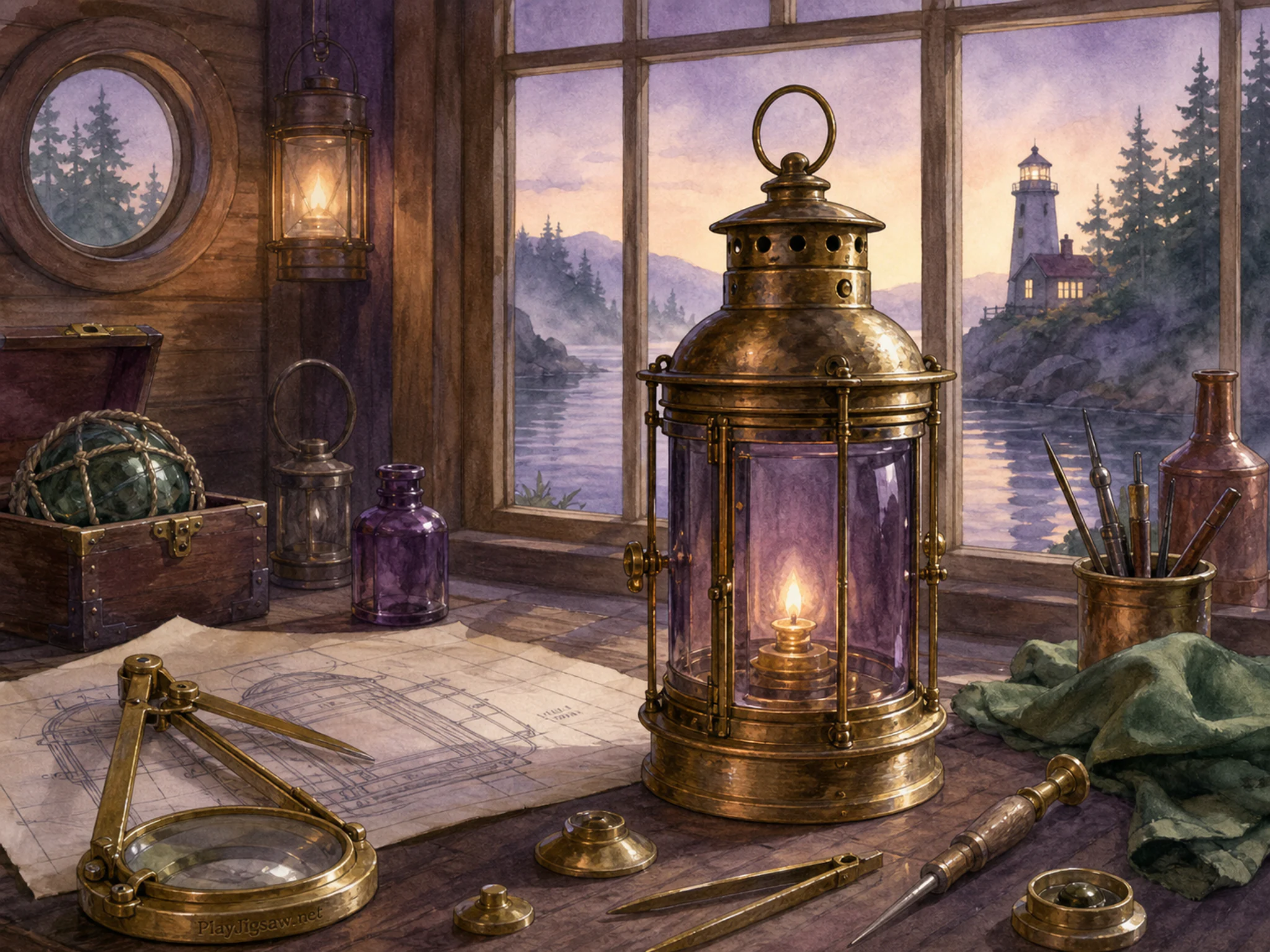 Lantern Maker organized along brass divider compass in a wood-paneled chart room, with layered scenery and calm misty dawn.