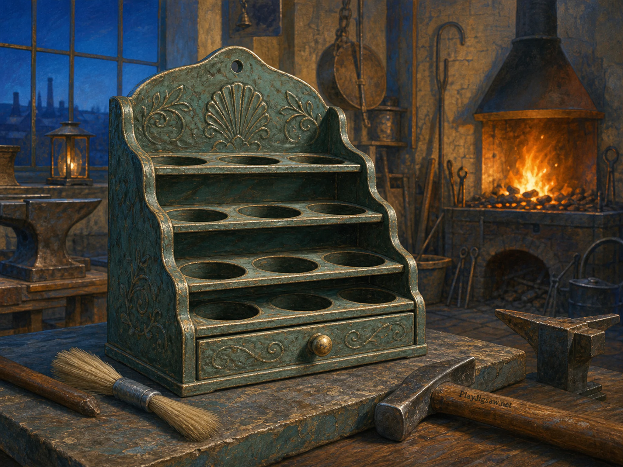 Milliner Shelf being examined near soft conservation brush in a firelit metalworking room, with layered scenery and cool blue-hour light.