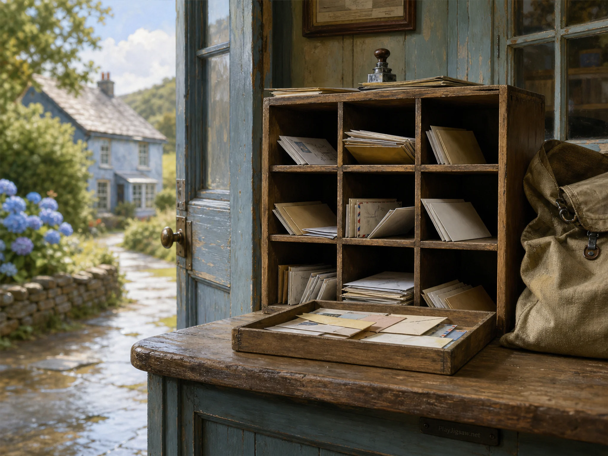 letter sorter displayed naturally beside a shallow sorting tray in an old postal counter with a letter sorter and canvas mailbag, with familiar objects and sun after a brief rain.