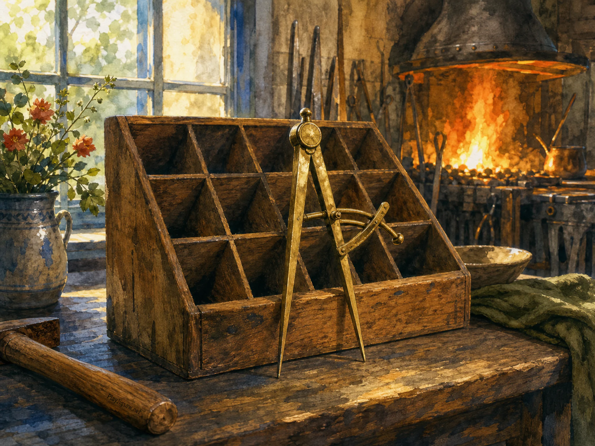 Letter Sorter displayed around brass divider compass in a firelit metalworking room, with layered scenery and warm late-day sunlight.