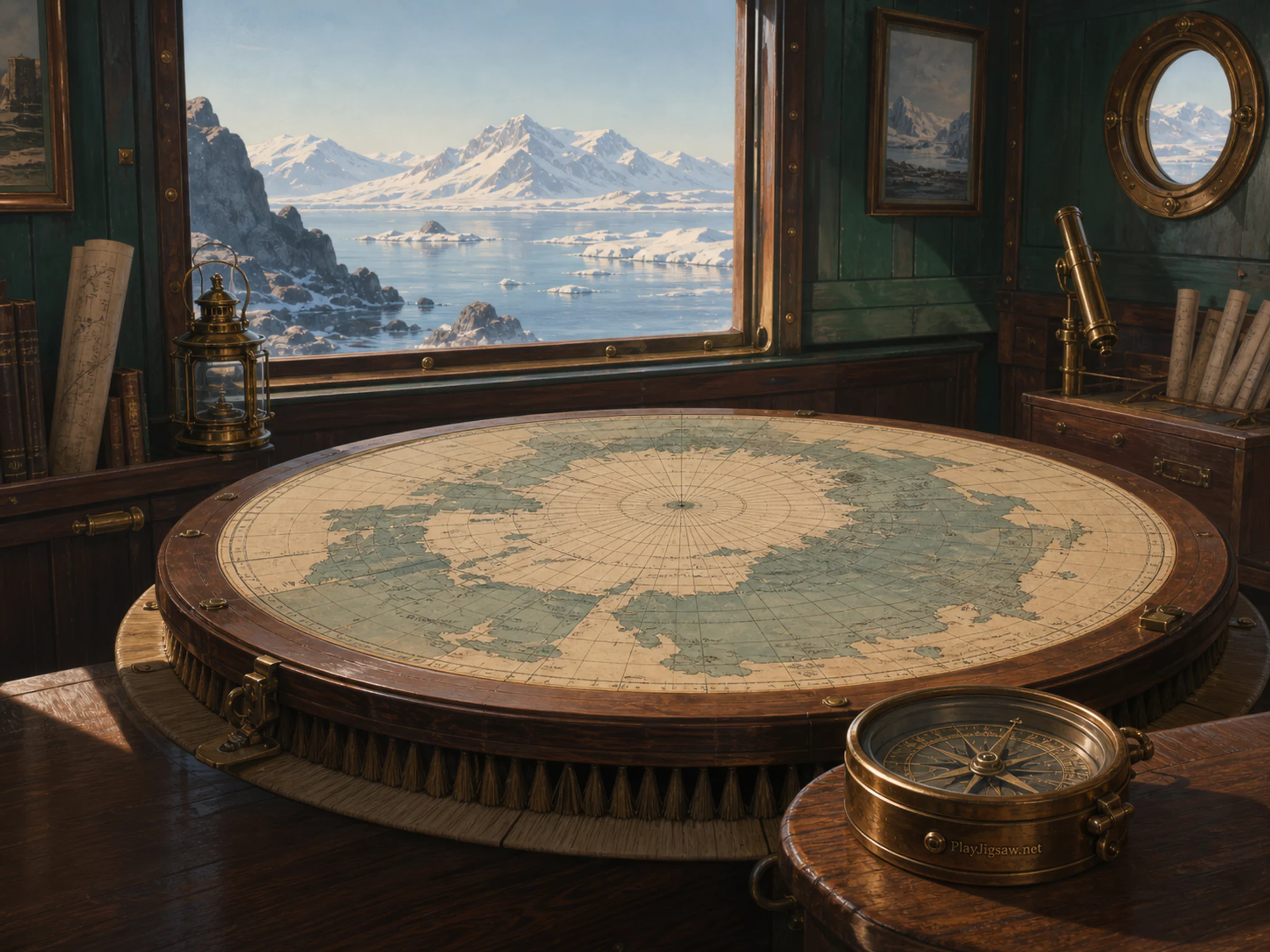 Polar Post Table carefully restored on soft conservation brush in a wood-paneled chart room, with layered scenery and clear early morning light.