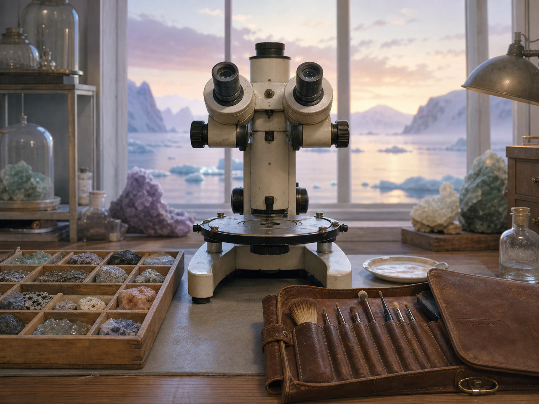 Polar Post Table being examined near numbered-free specimen tray in a quiet conservation laboratory, with layered scenery and calm misty dawn.