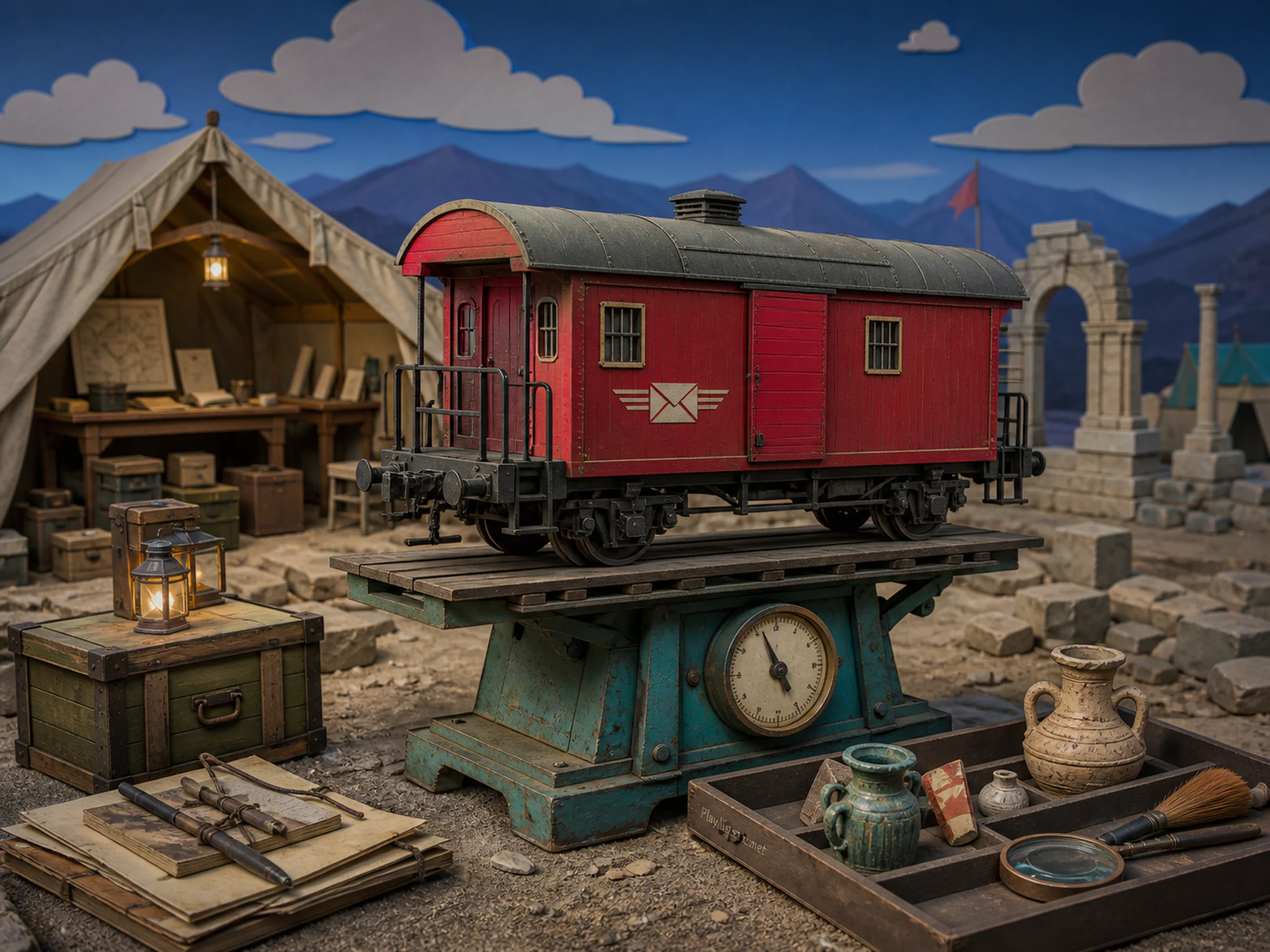 Railway Mail Car spread across weathered market scale in a canvas archaeological station, with layered scenery and cool blue-hour light.